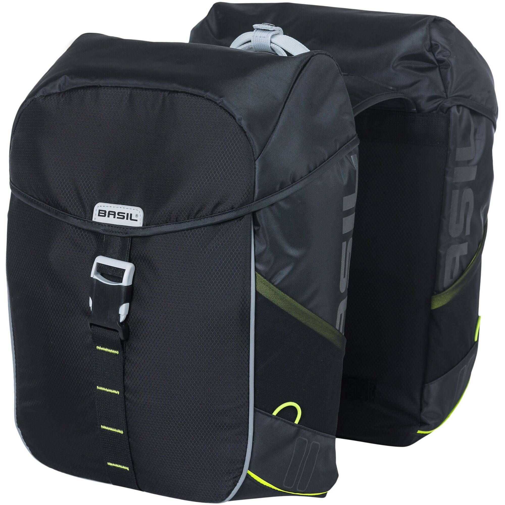 Basil Miles 34L black waterproof bicycle double pannier bag with reflective trim, designed for bike accessories and commuting.
