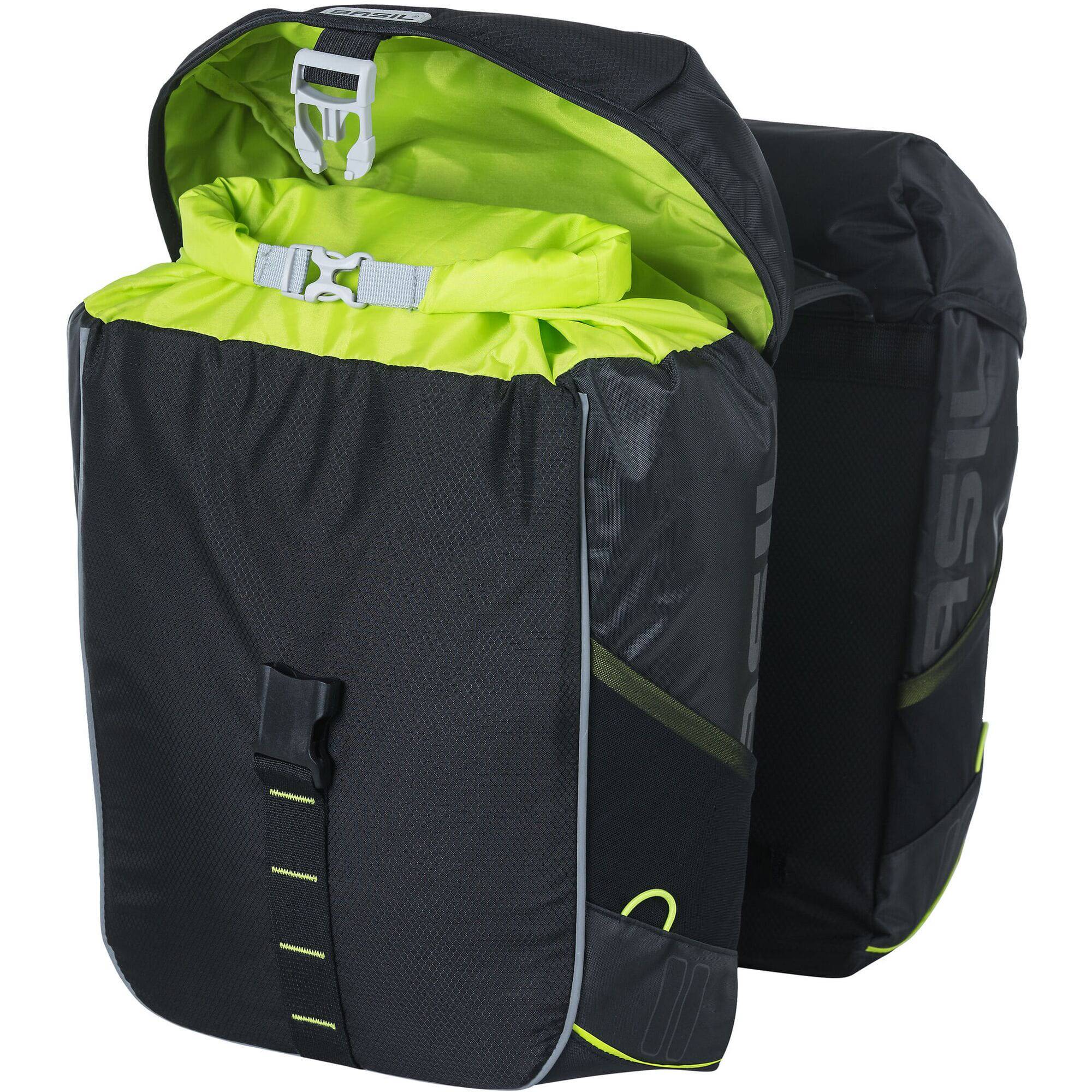 Basil Miles 34L black waterproof bicycle double pannier bag with reflective trim for secure bike storage and visibility.