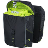 Basil Miles 34L black waterproof bicycle double pannier bag with reflective trim for secure bike storage and visibility.