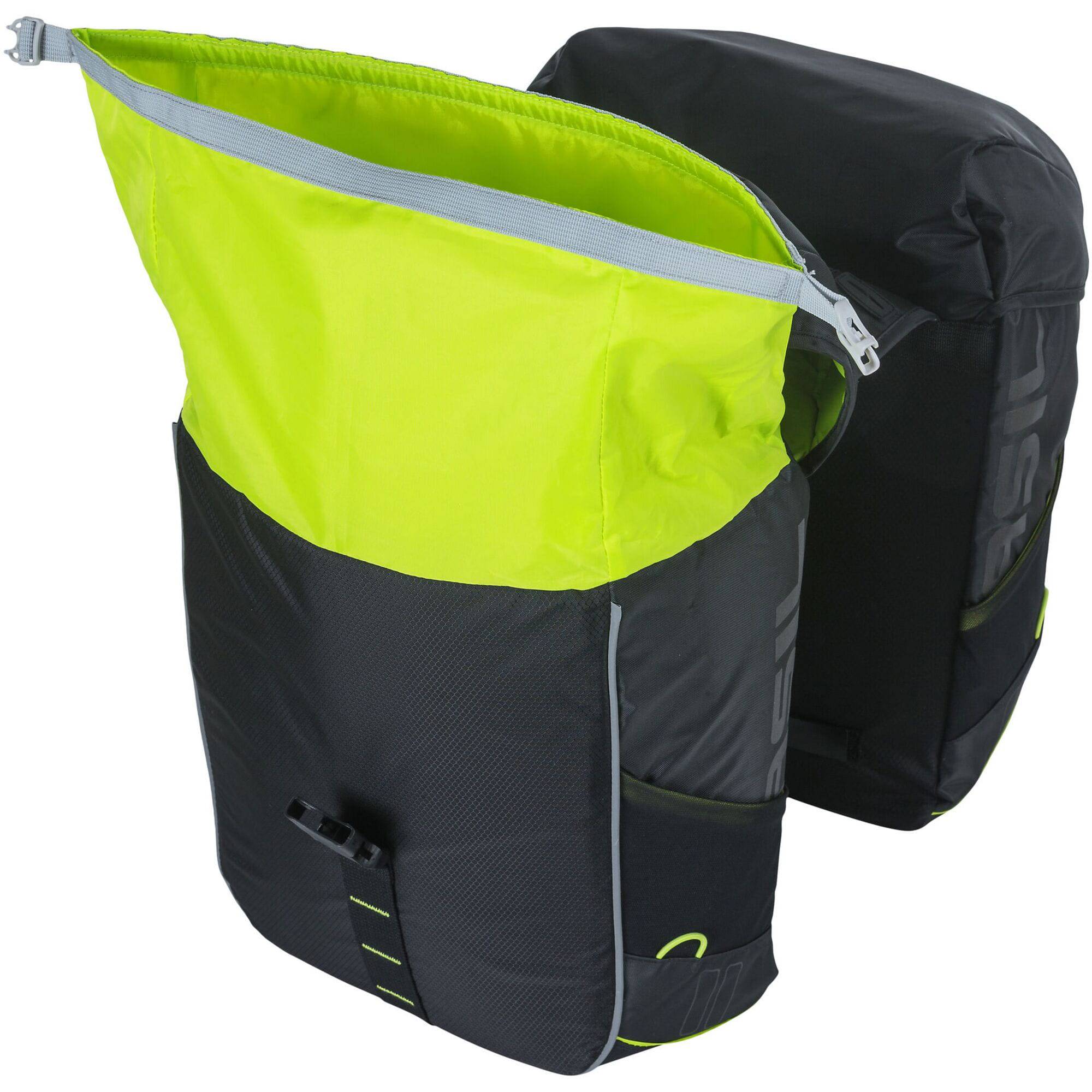 Basil Miles 34L black waterproof bicycle double pannier bag with reflective trim, designed for bike accessories and commuting.