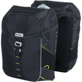 Basil Miles 34L black waterproof bicycle double pannier bag with reflective trim, designed for bike accessories and commuting.