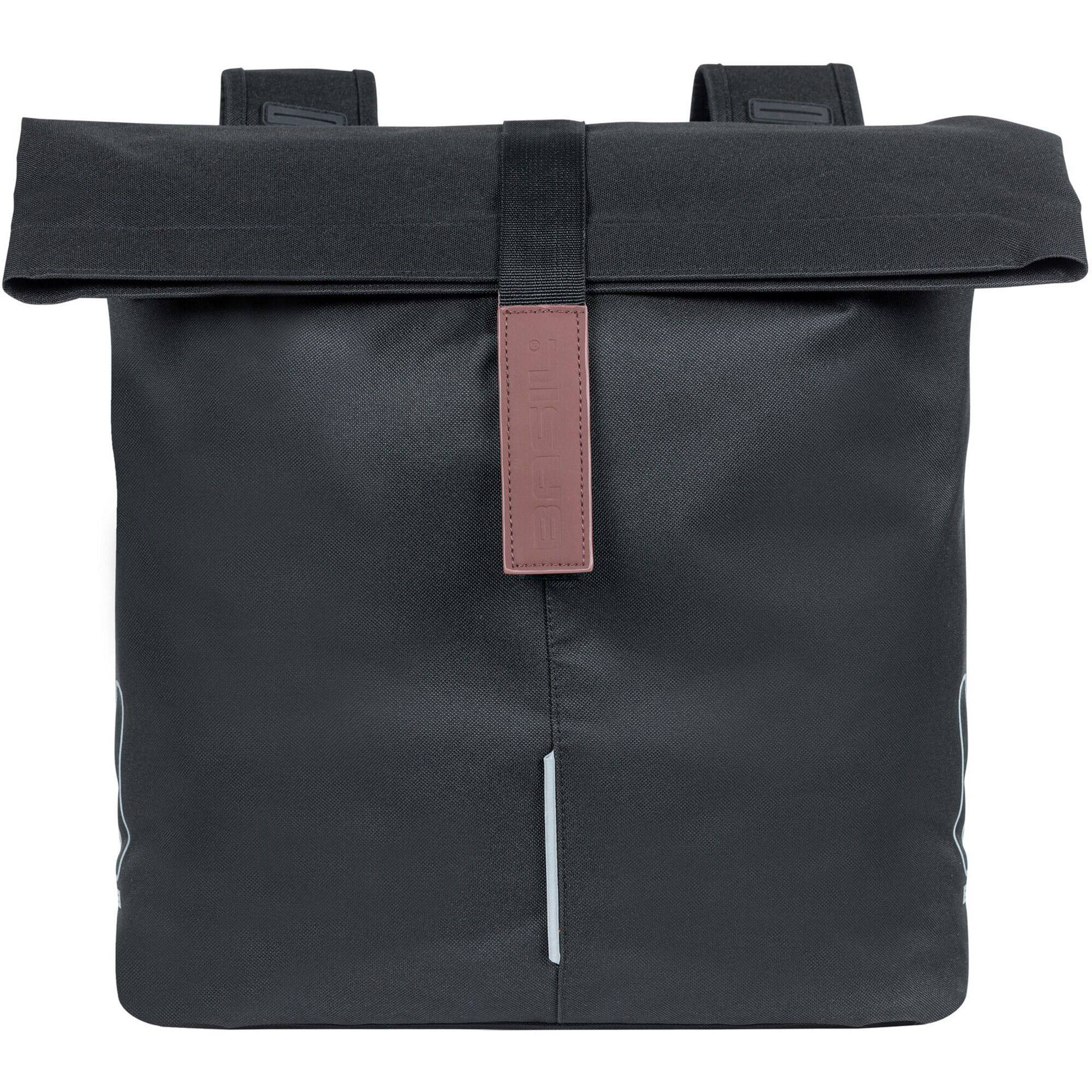 Basil City Double Bicycle Bag in black with water-repellent fabric, reflective panels, mounted on bike rack, 28-32L capacity.