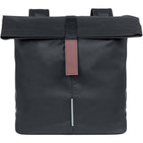 Basil City Double Bicycle Bag in black with water-repellent fabric, reflective panels, mounted on bike rack, 28-32L capacity.