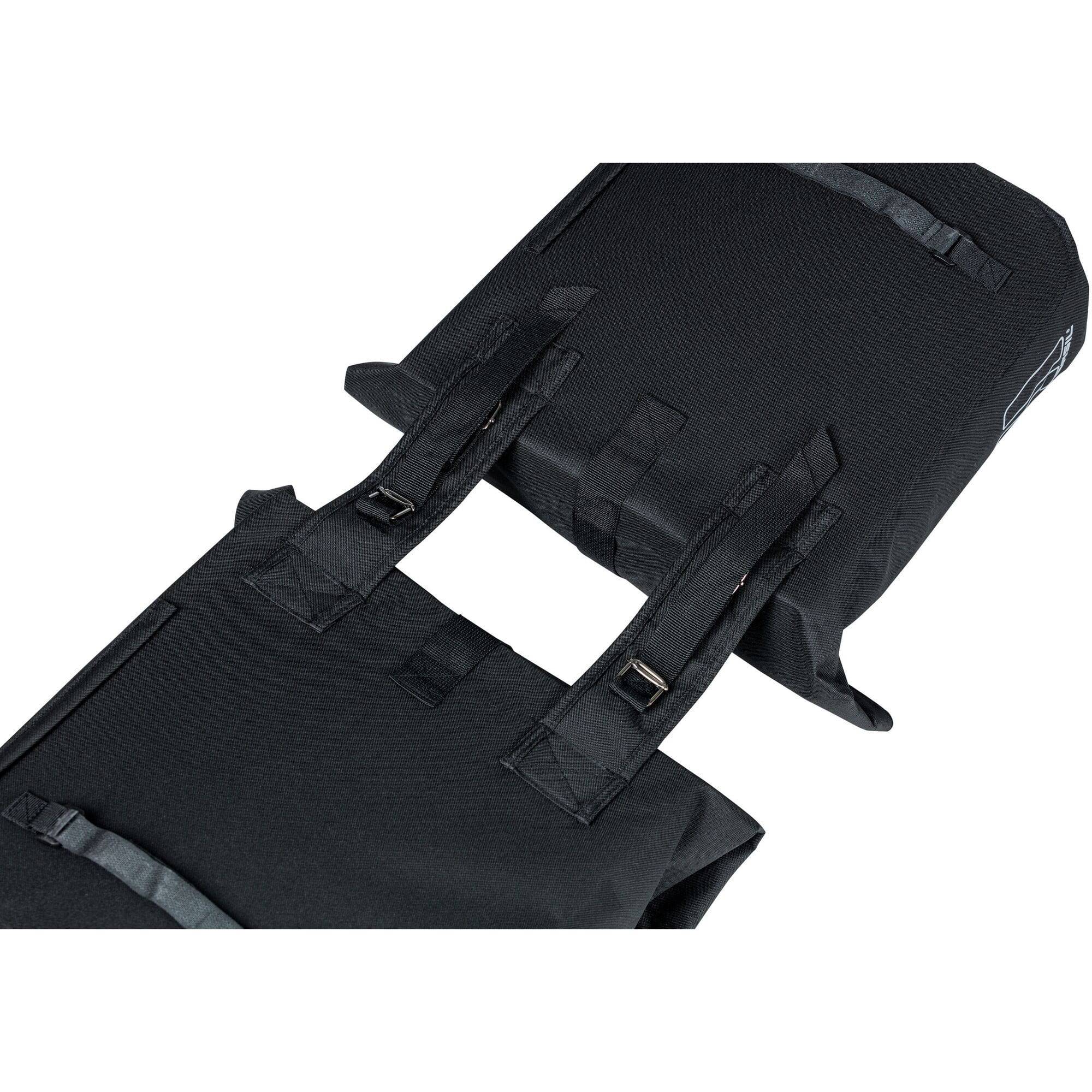 Black Basil City Double Bicycle Bag with water-repellent fabric, reflective panels, and spacious 28-32L capacity for cycling accessories.