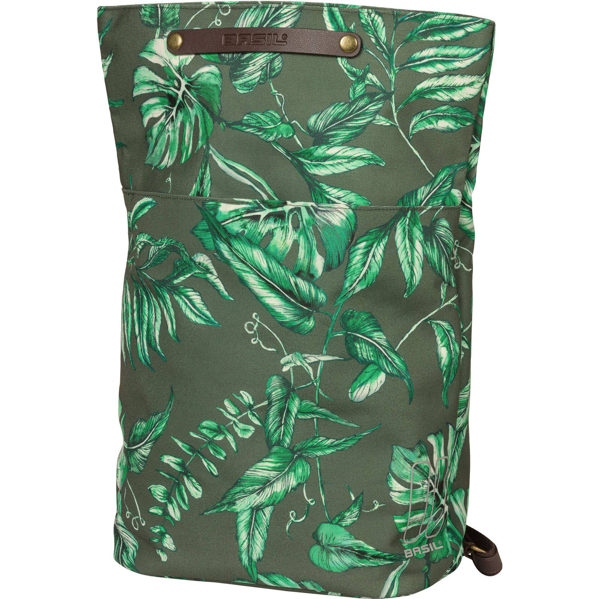 Basil Ever-Green bicycle daypack in eco-friendly water-repellent material with hook-on system, shown with straps and design details.