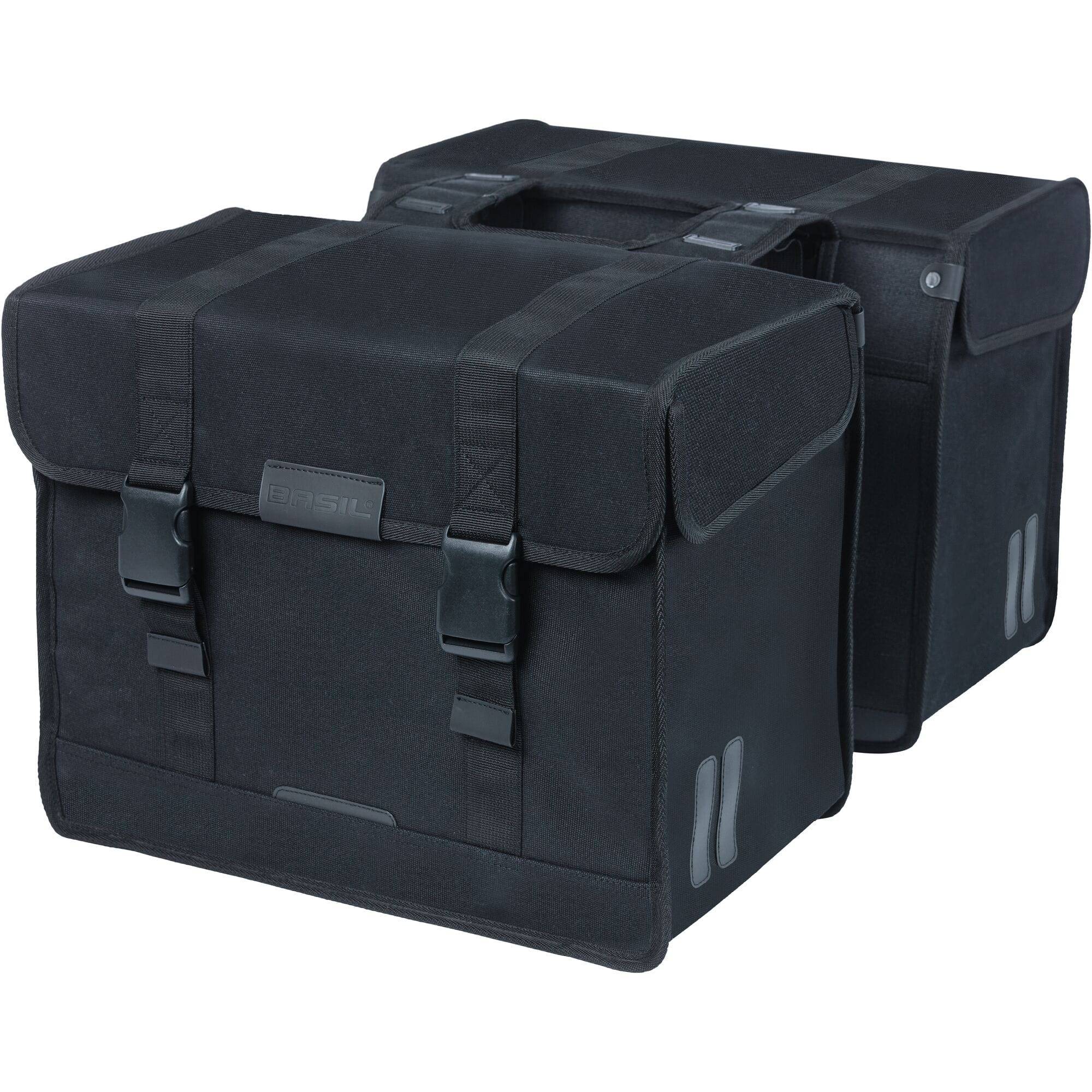 Black Basil Kavan Eco Classic 68L double pannier bag with rain cover, designed for bike accessories and outdoor cycling.