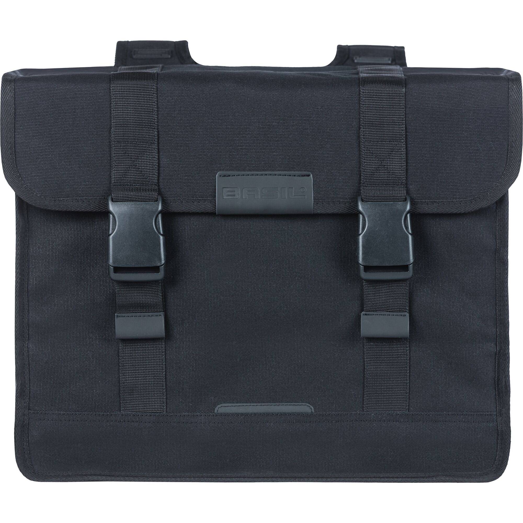 Black Basil Kavan Eco Classic 68L double pannier bag with rain cover, designed for bike accessories and cycling storage.