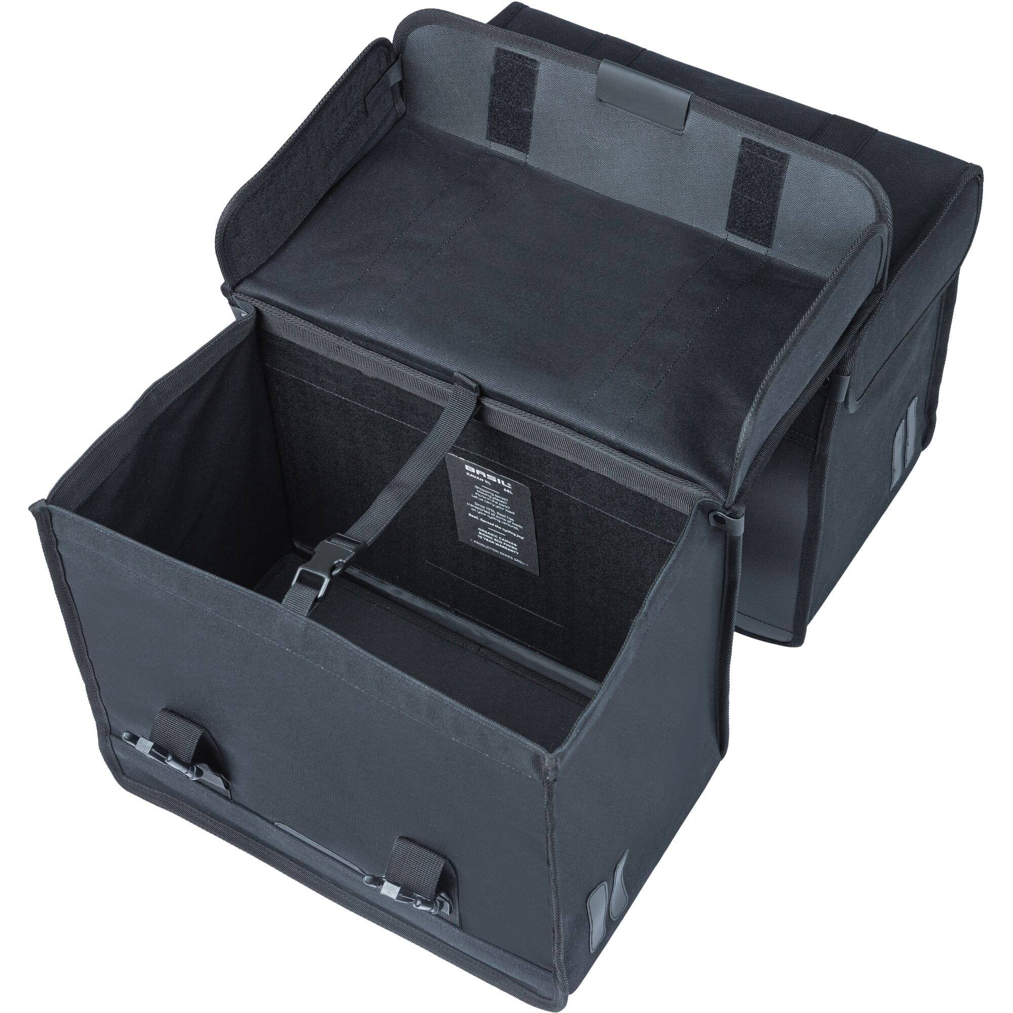 Basil Kavan Eco Classic 68L black double pannier bag with rain cover for bicycle, outdoor accessories.