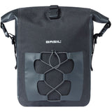Basil Navigator waterproof single pannier bag with MIK hooks system, outdoor cycling accessories, black and reflective details.