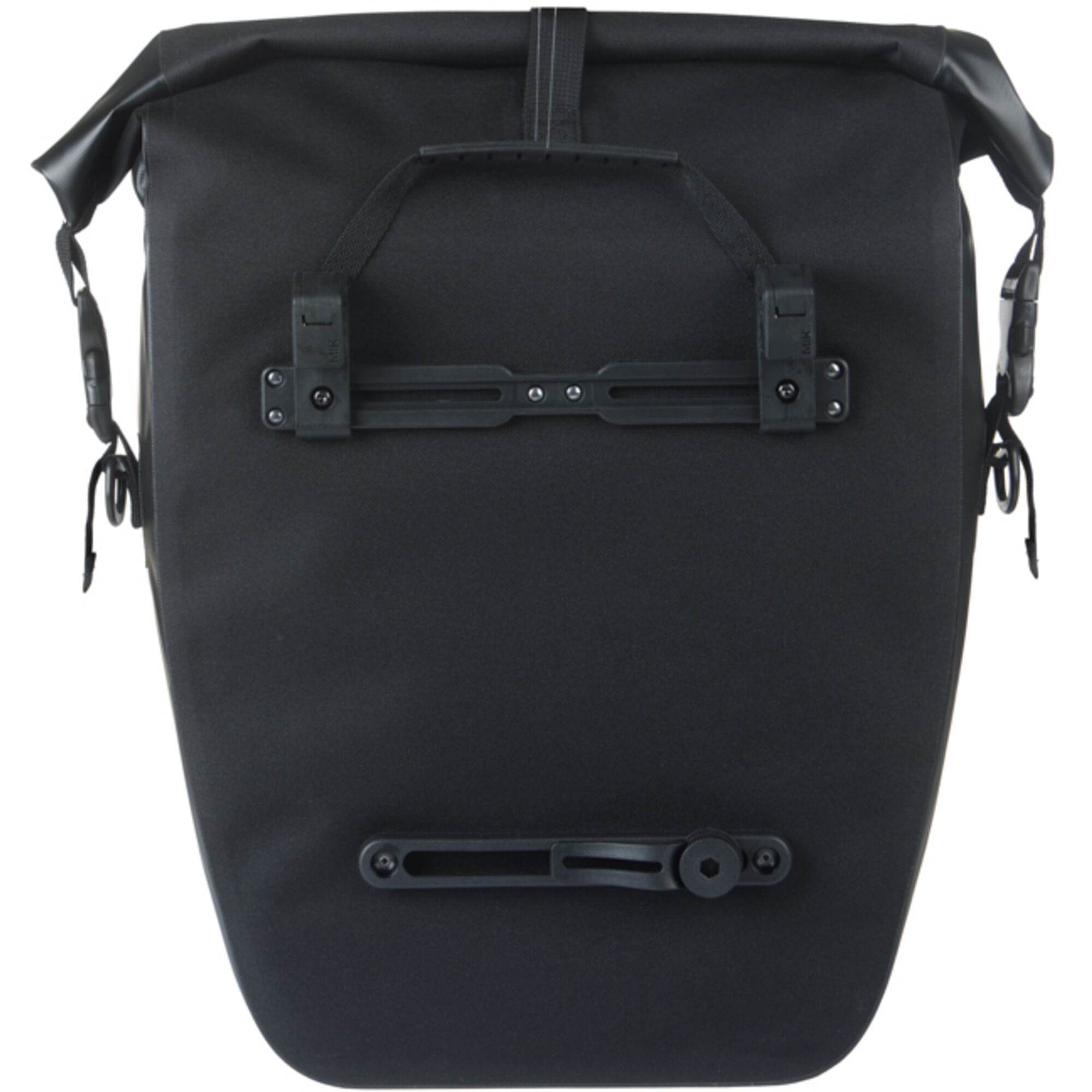 Basil Navigator waterproof single pannier bag with MIK hooks system for bicycle accessories, shown in black with reflective details.