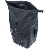 Basil Navigator waterproof single pannier bag with MIK hooks system, showing the sleek, durable design and attachment mechanism.