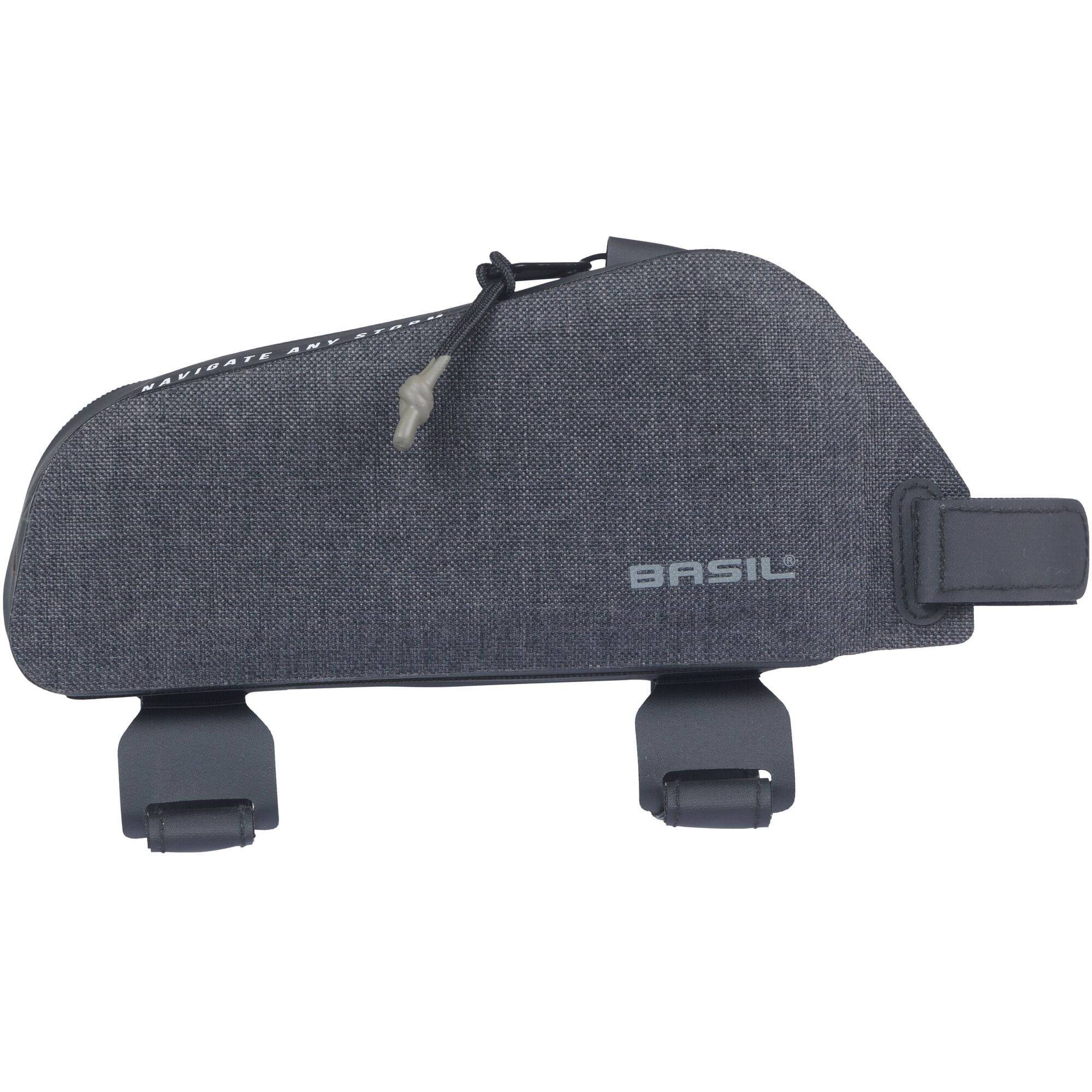 Black Basil Navigator Storm 0.8L waterproof top tube frame bag for cycling, with secure straps and sleek design.