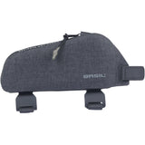 Black Basil Navigator Storm 0.8L waterproof top tube frame bag for cycling, with secure straps and sleek design.