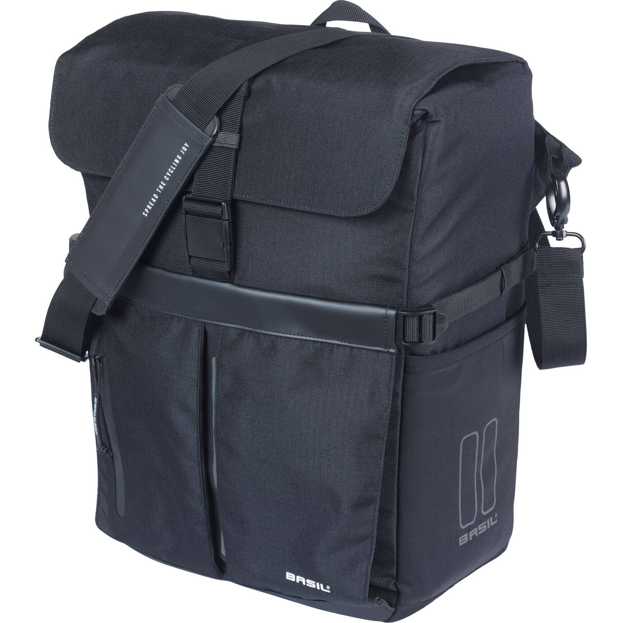 Black Basil Move commuter bicycle bag with 15L capacity, laptop compartment, rain cover, and MIK studs for easy attachment.