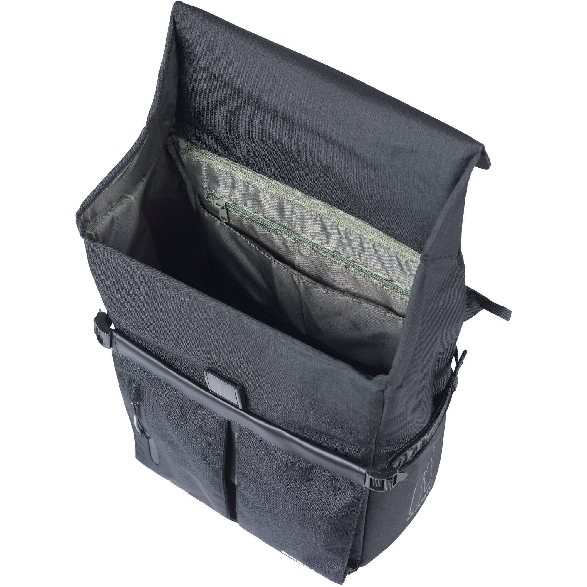 Black Basil Move commuter bicycle bag with 15L capacity, MIK studs, laptop compartment, and rain cover, shown on bike.