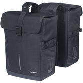 Black Basil Move Double Bicycle Bag with 30L capacity and rain cover, designed for commuting and cycling accessories.