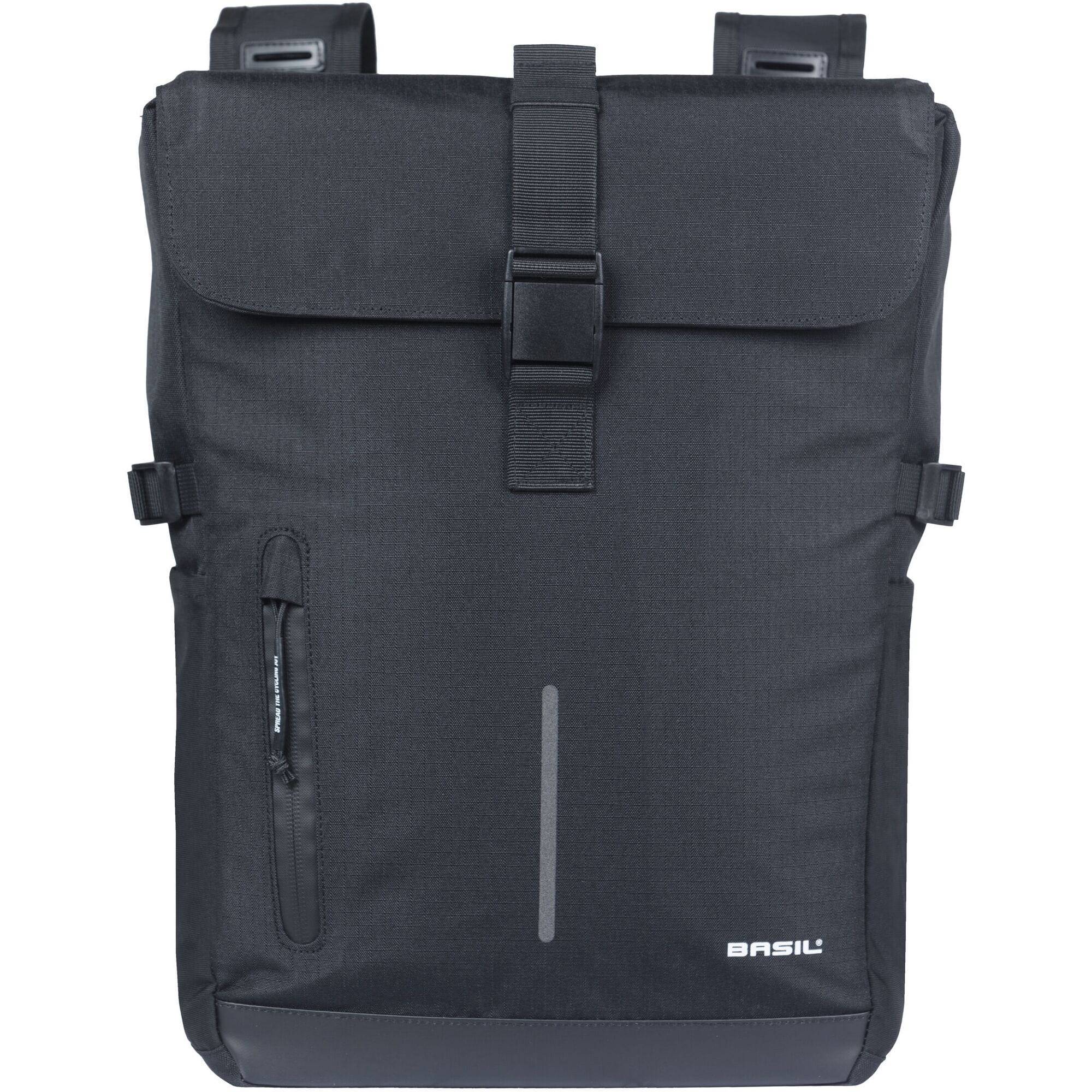 Black Basil Move Double Bicycle Bag with rain cover, 30L pannier for commuting and cycling, showcasing the waterproof design.