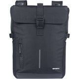 Black Basil Move Double Bicycle Bag with rain cover, 30L pannier for commuting and cycling, showcasing the waterproof design.