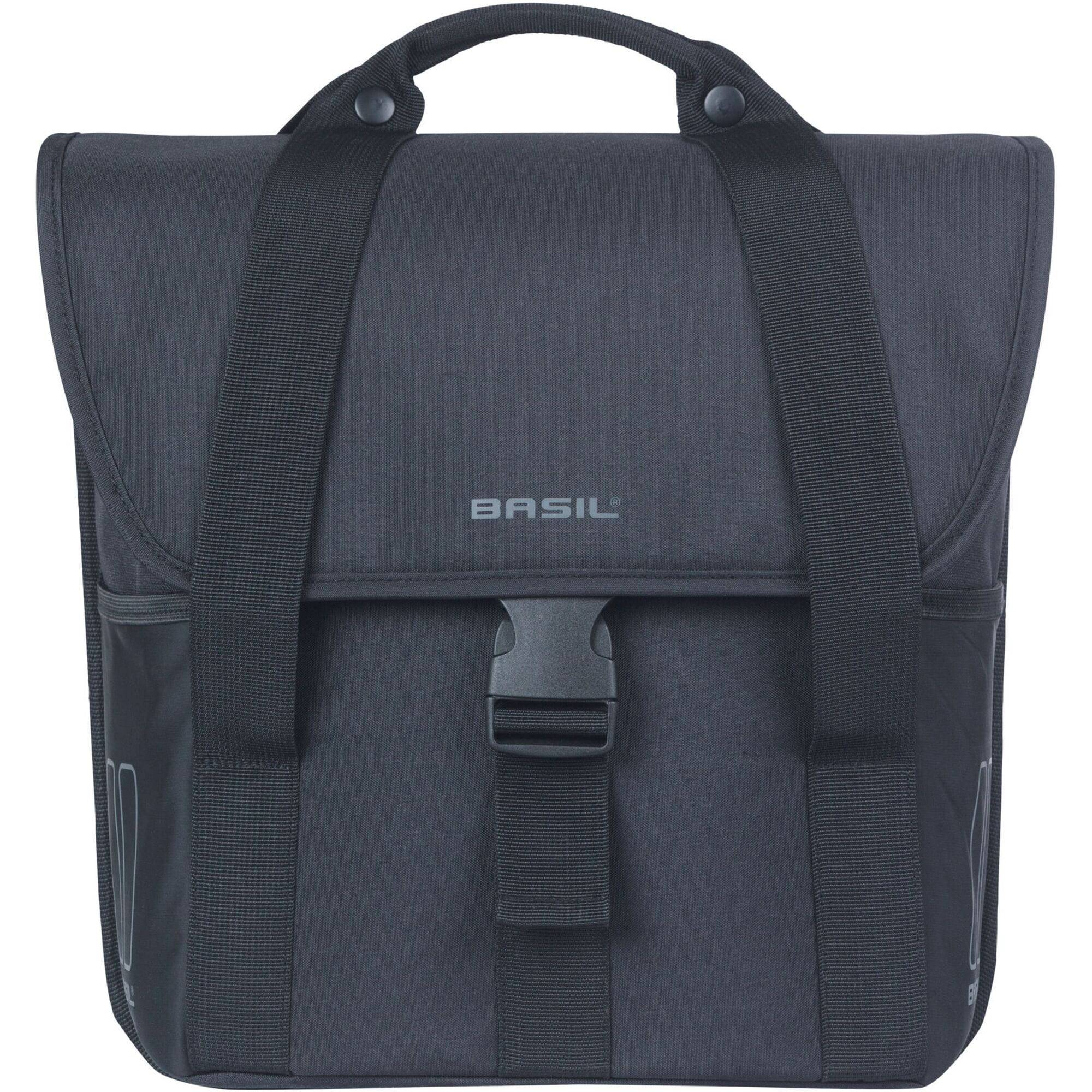 Black Basil GO single 16L bike bag with reflective details and side pockets, designed for bike accessories.