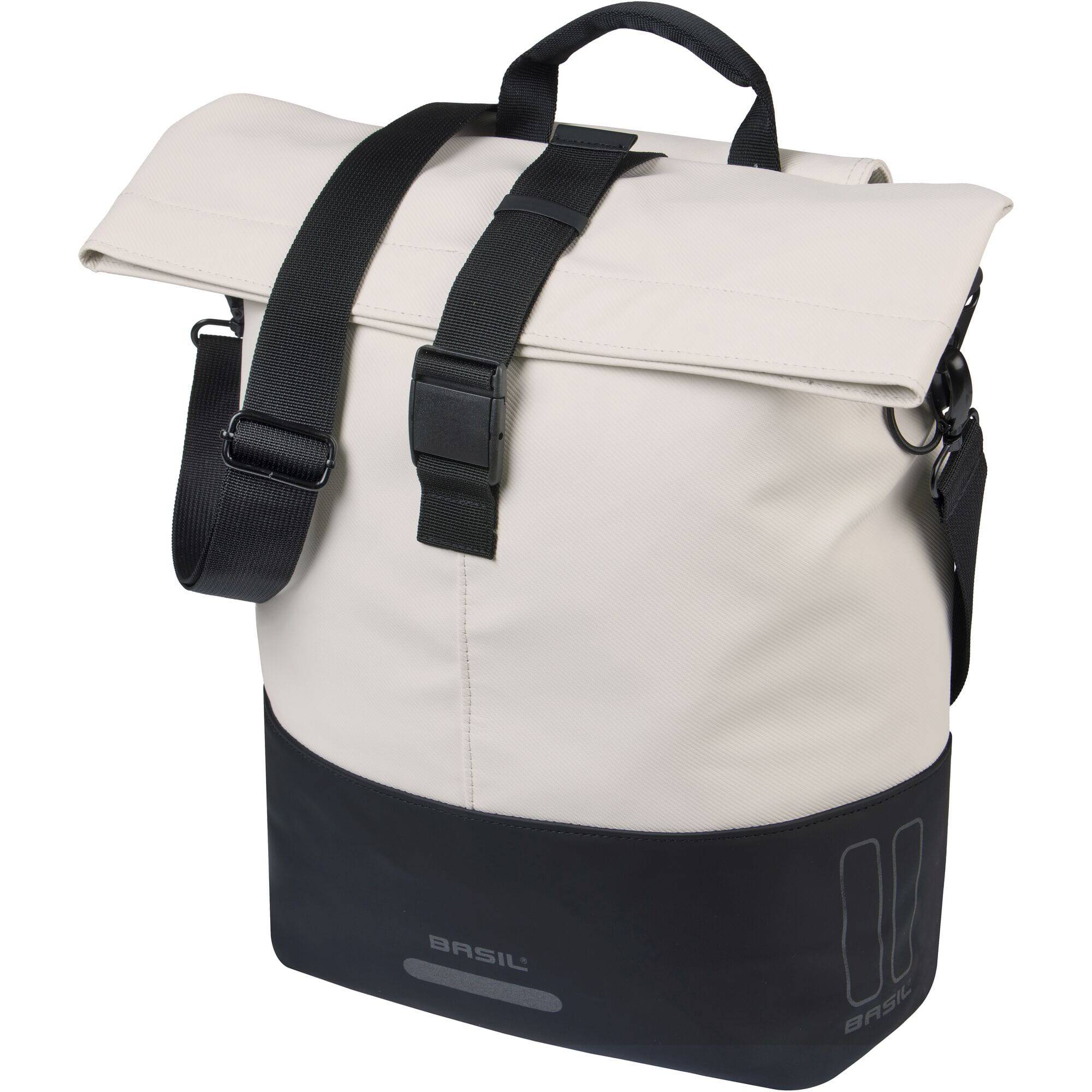 Basil Cove Shopper bike bag with MIK hooks, waterproof urban commuter accessory, shown attached to a bicycle.