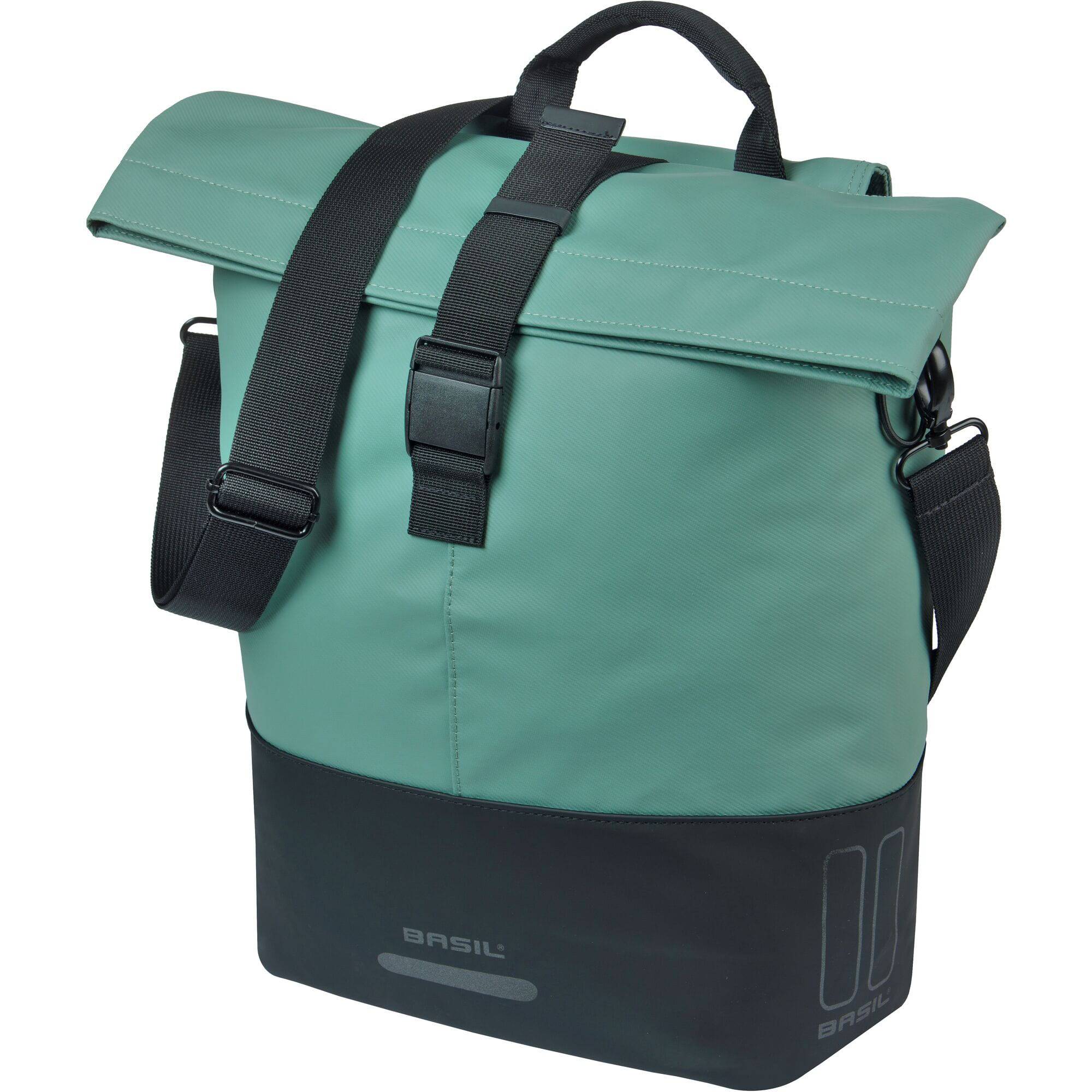 Basil Basil Cove Shopper Bike Bag with MIK hooks, waterproof urban commuter accessory, showing a black bike basket with bag attached.