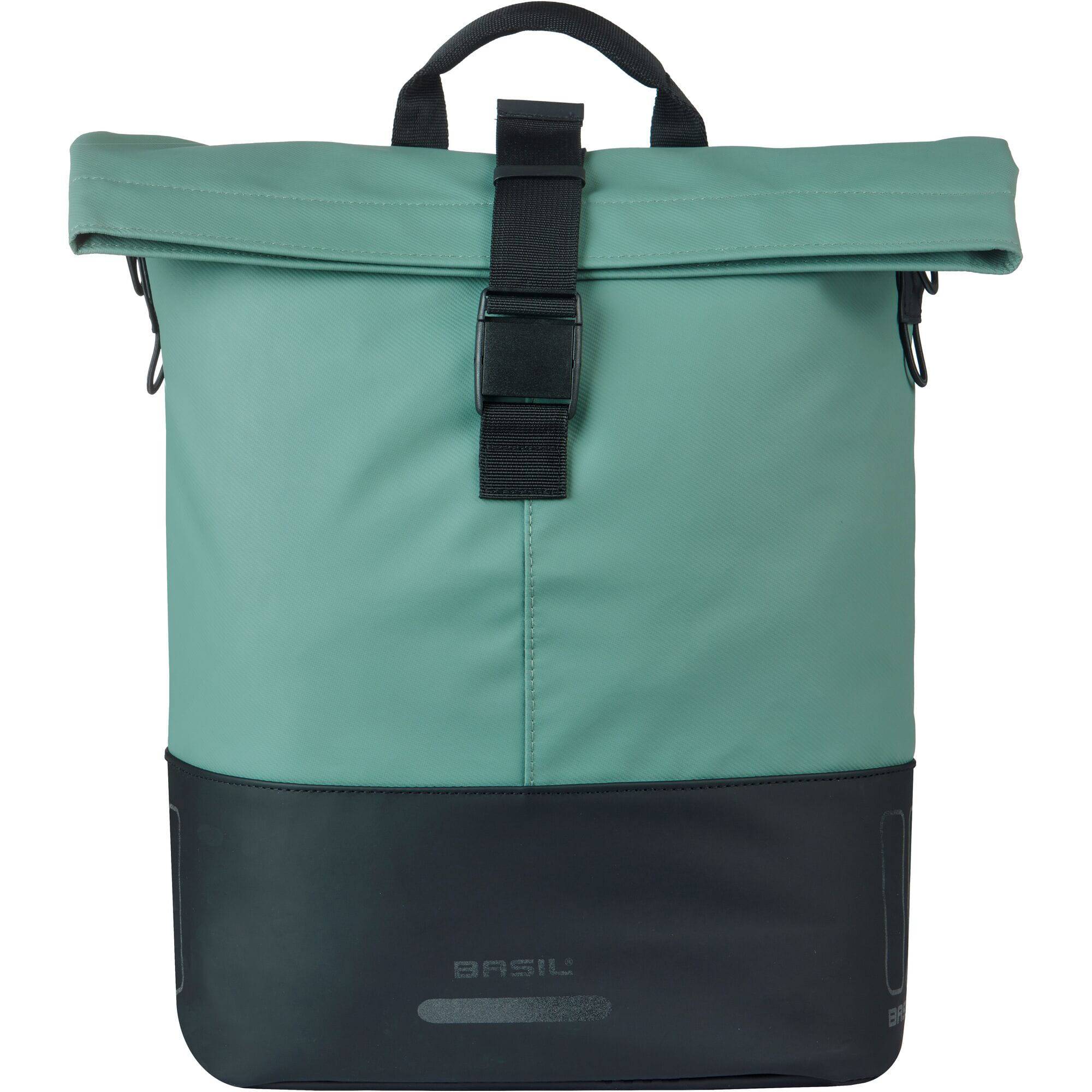 Basil Basil Cove Shopper bike bag with MIK hooks, waterproof urban commuter accessory, shown attached to bike handlebars.