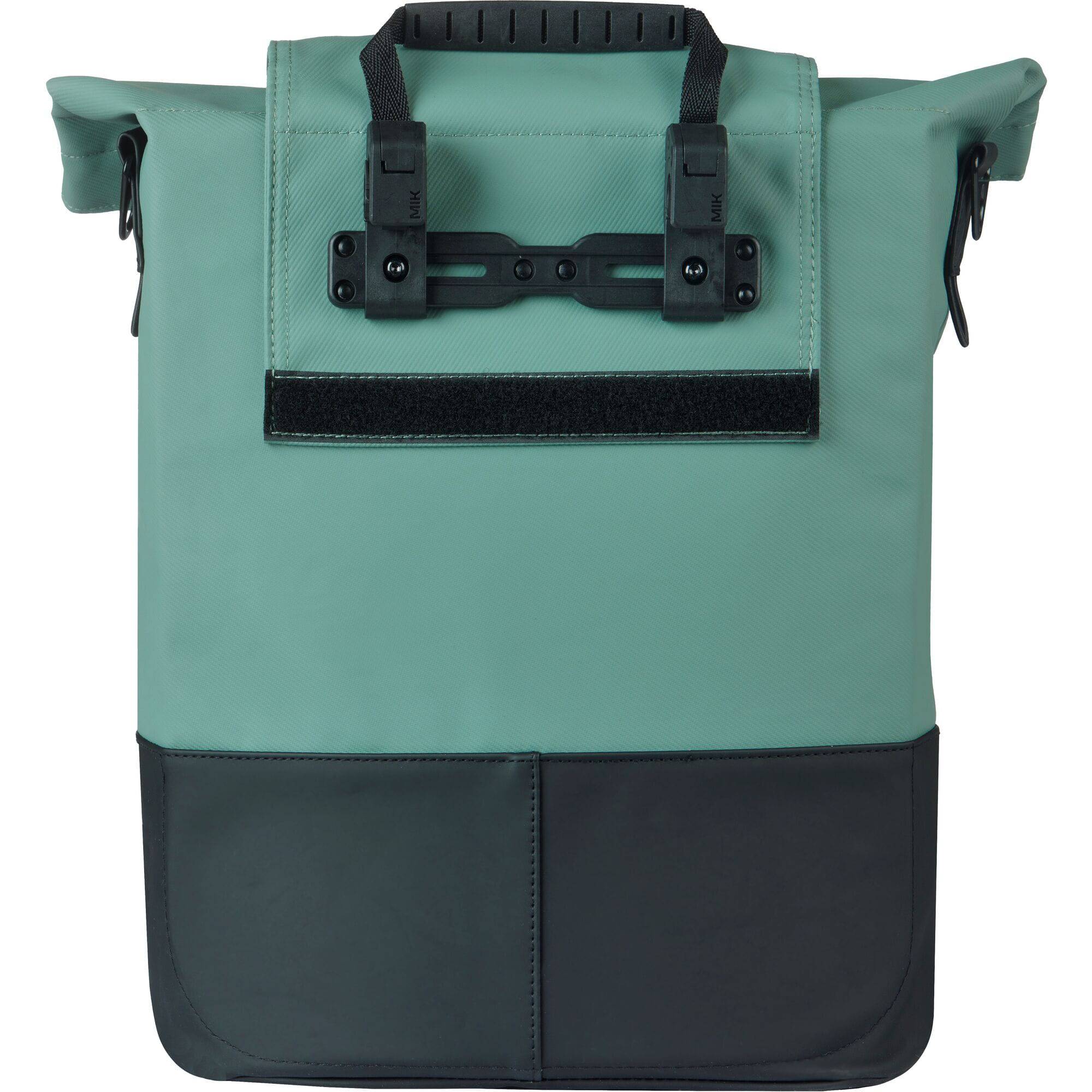 Basil Basil Cove Shopper Bike Bag with MIK hooks, waterproof urban commuter bag shown on a bike with reflective details.