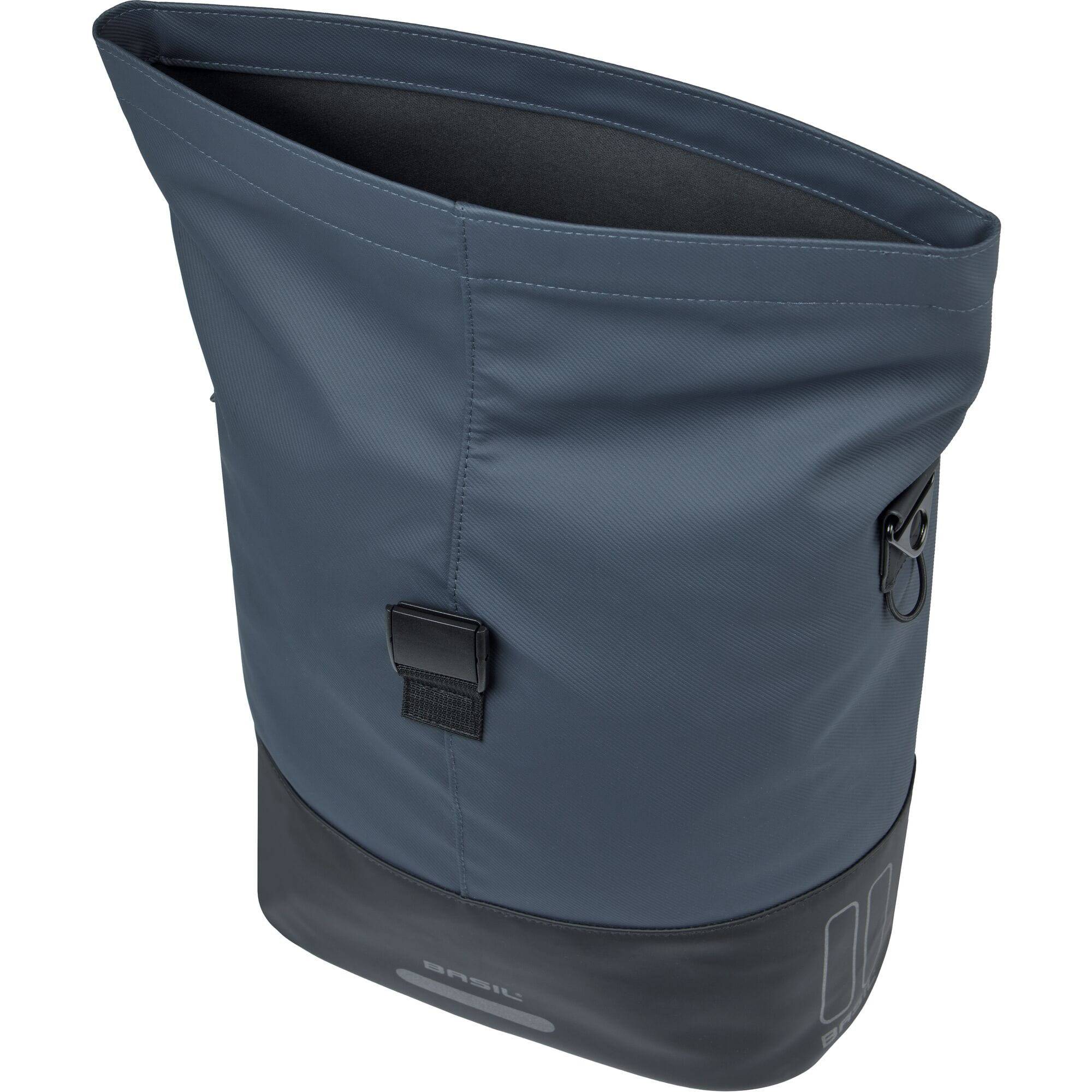Basil Cove Shopper Bike Bag with MIK hooks, waterproof urban commuter accessory showing a sleek black bag attached to a bicycle.