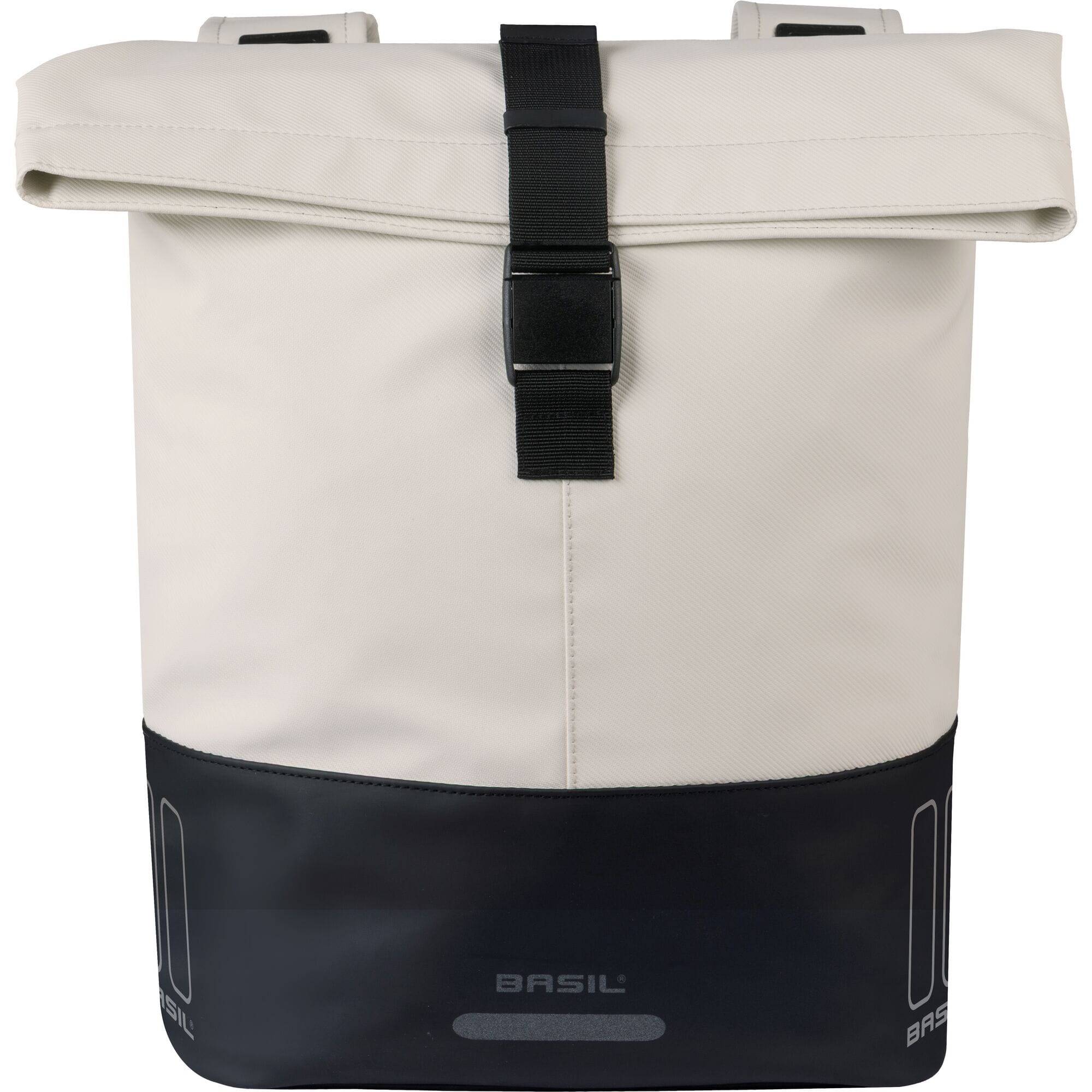 Basil Cove Double Pannier Bag for bikes, water-repellent commuting luggage, shown with straps and reflective details.