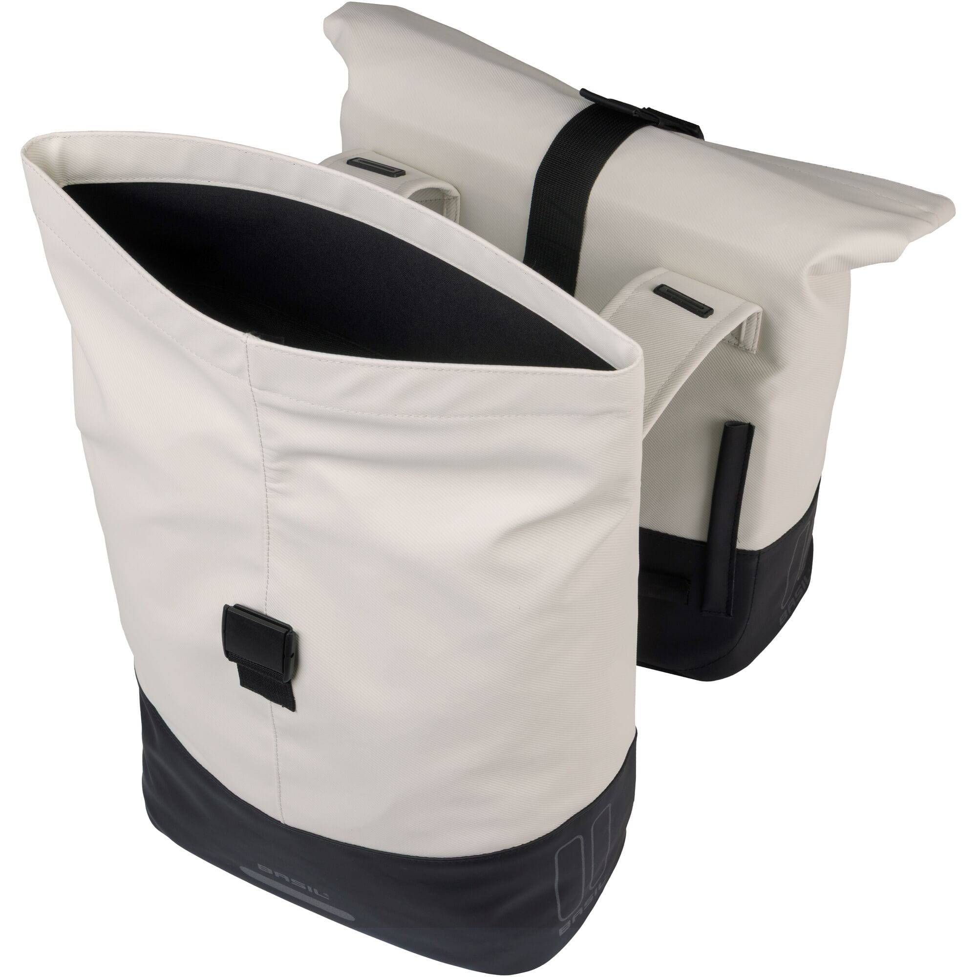 Basil Cove double pannier bag attached to bike, water-repellent bike luggage for commuting, made by Basil.