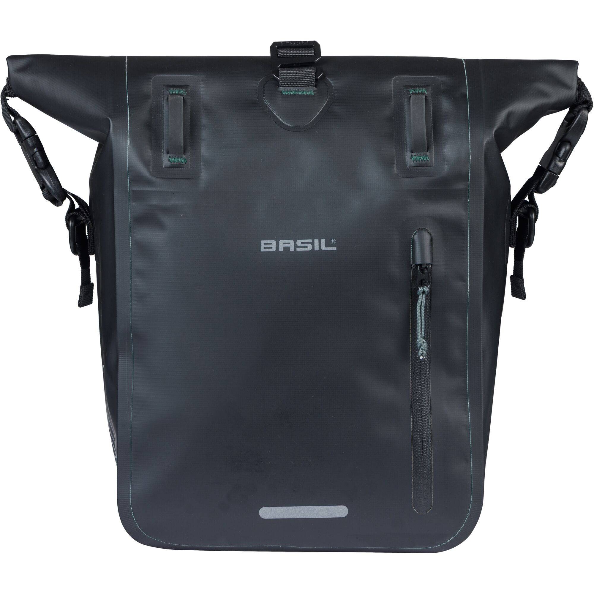 Basil Rivo M waterproof tarpaulin bike bag with MIK hooks and shoulder strap, designed for cycling accessories.