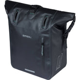 Basil Rivo M Waterproof Tarpaulin Bike Bag with MIK hooks and shoulder strap for secure cycling storage and transport.