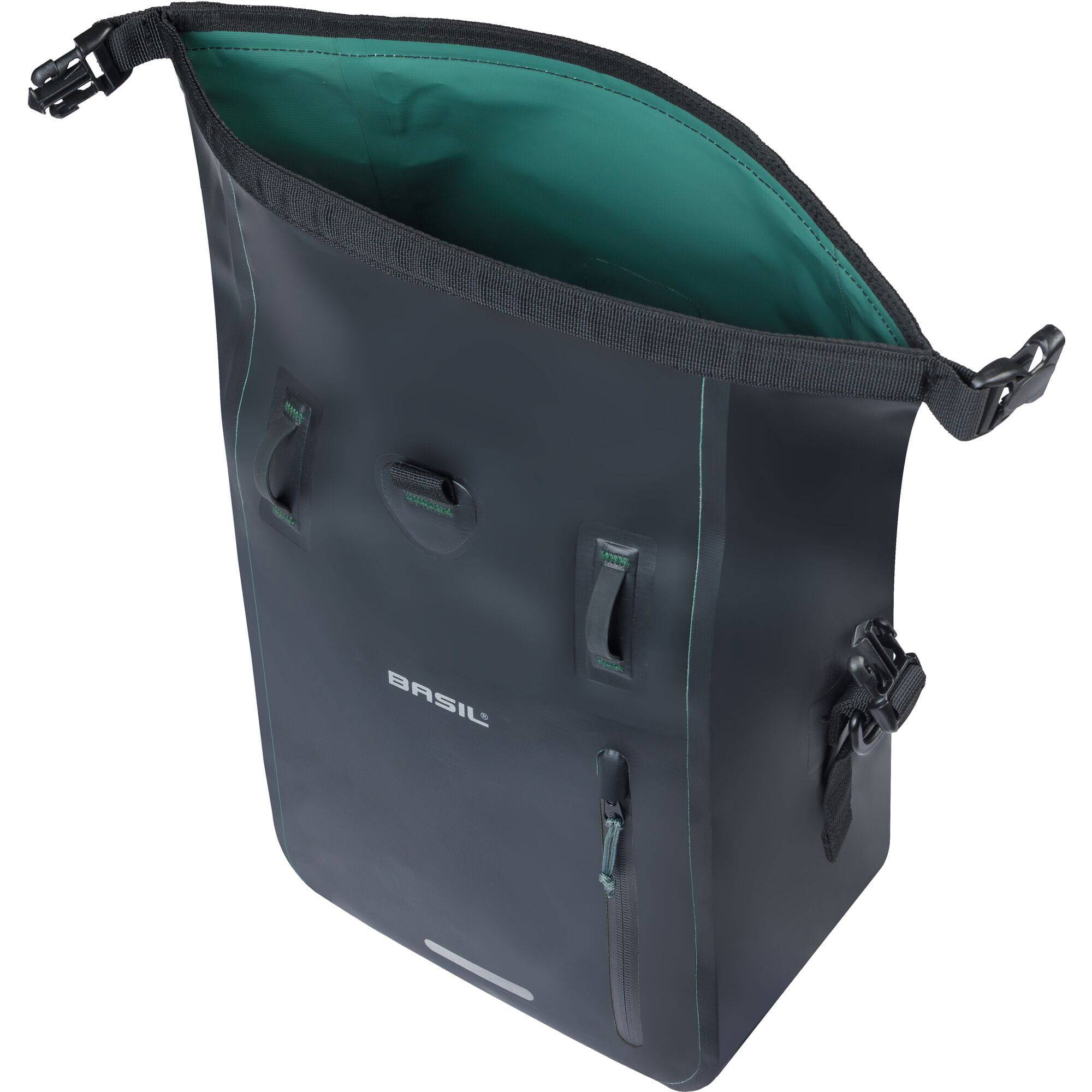Basil Rivo M Waterproof Tarpaulin Bike Bag with MIK hooks and shoulder strap, designed for cycling accessories.