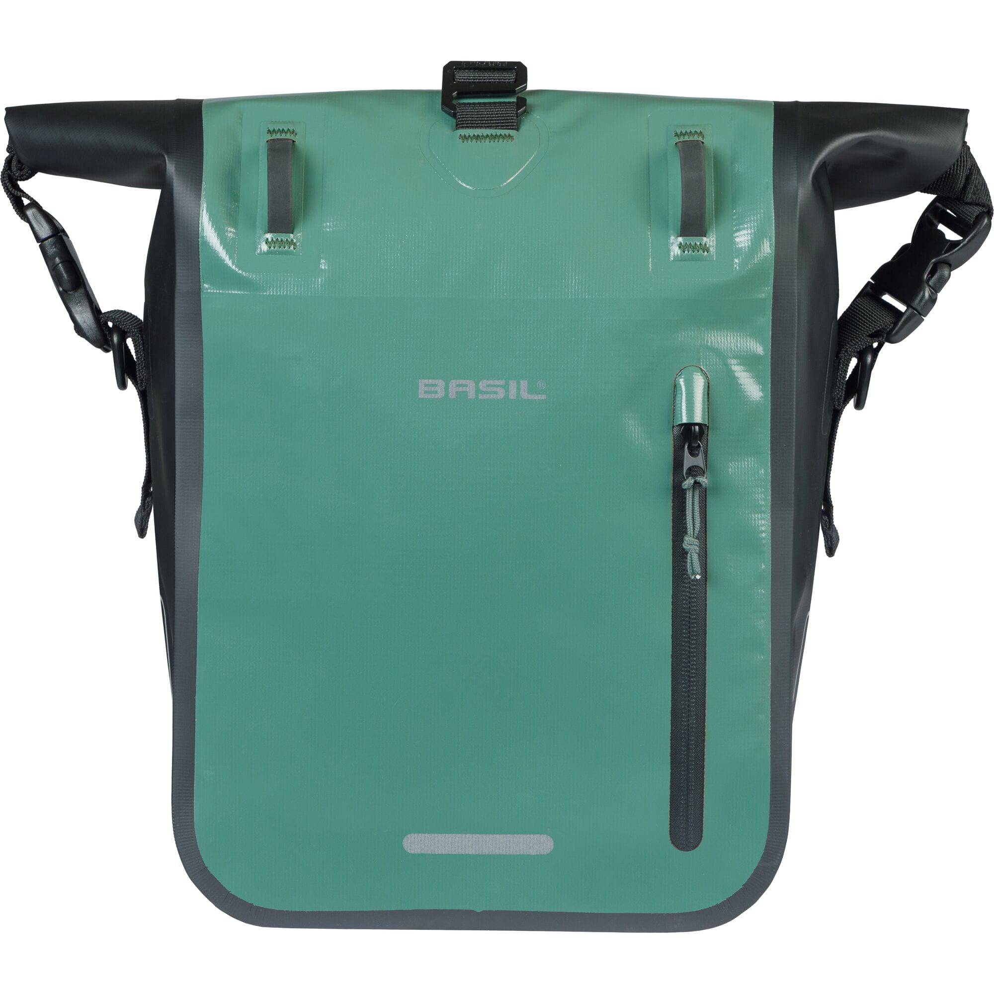 Basil Rivo M Waterproof Tarpaulin Bike Bag with MIK hooks and shoulder strap, designed for cycling accessories.