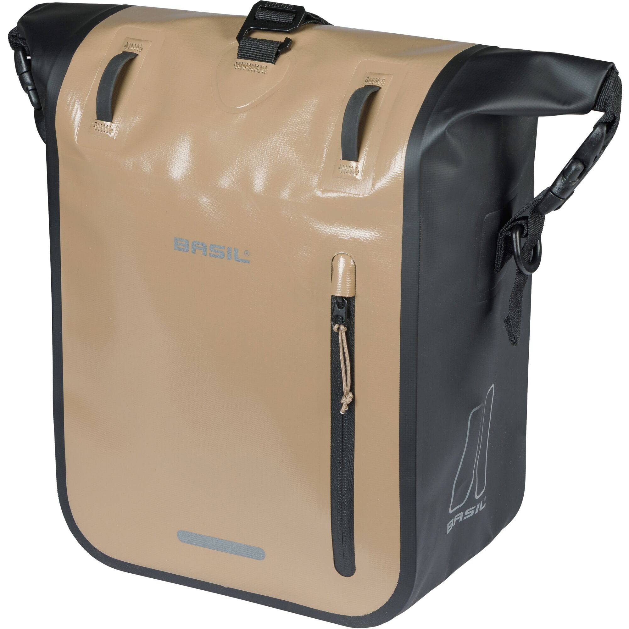 Basil Rivo M Waterproof Tarpaulin Bike Bag with MIK hooks and shoulder strap, designed for cycling accessories and storage