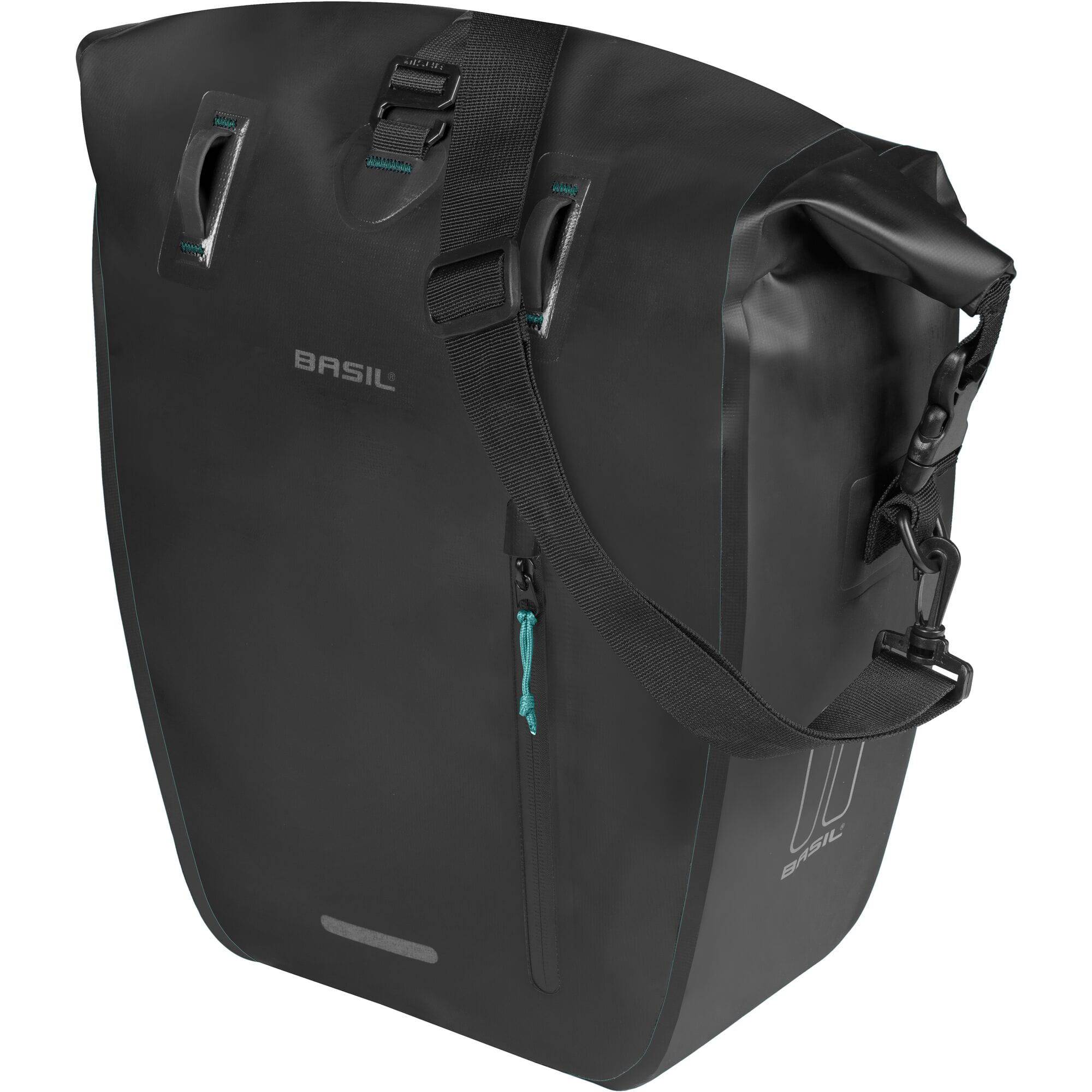 Basil Rivo L tarpaulin rear bike bag with MIK hooks and removable strap, designed for easy attachment and durable cycling storage.