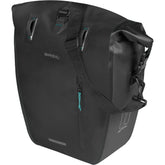 Basil Rivo L tarpaulin rear bike bag with MIK hooks and removable strap, designed for easy attachment and durable cycling storage.