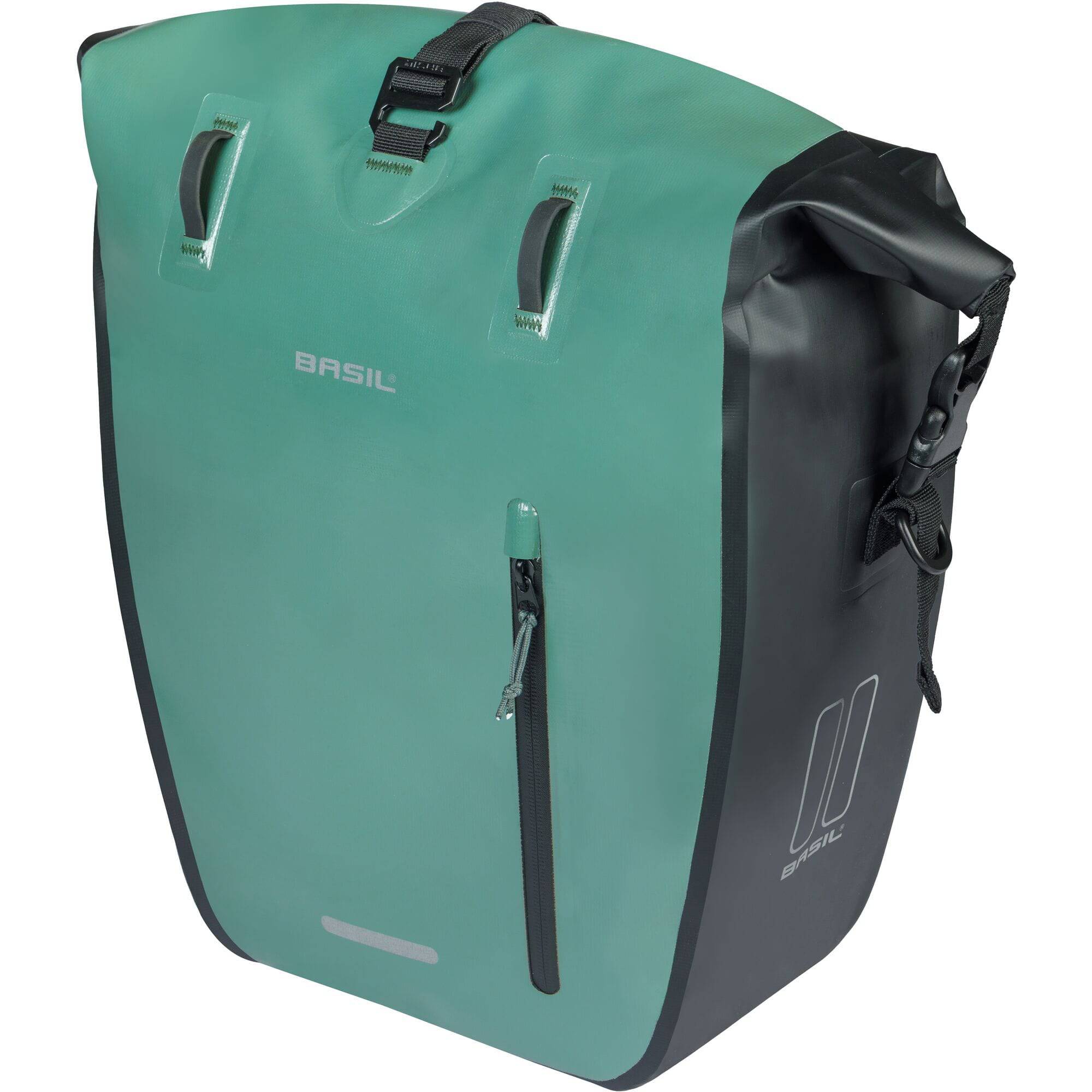 Basil Rivo L tarpaulin rear bike bag with MIK hooks and removable strap, designed for bicycle accessories and storage.