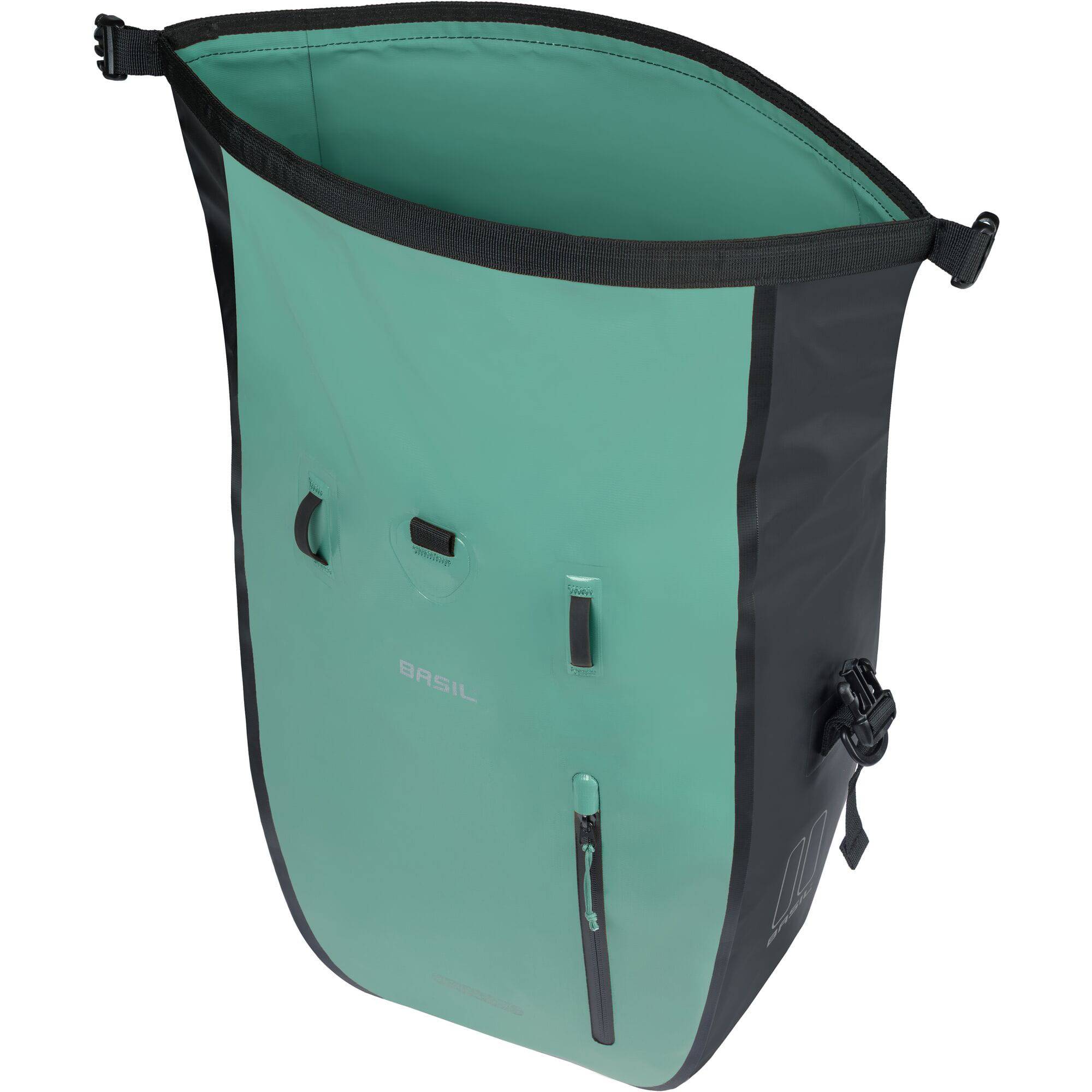 Basil Rivo L tarpaulin rear bike bag with MIK hooks and removable strap for secure cycling storage.