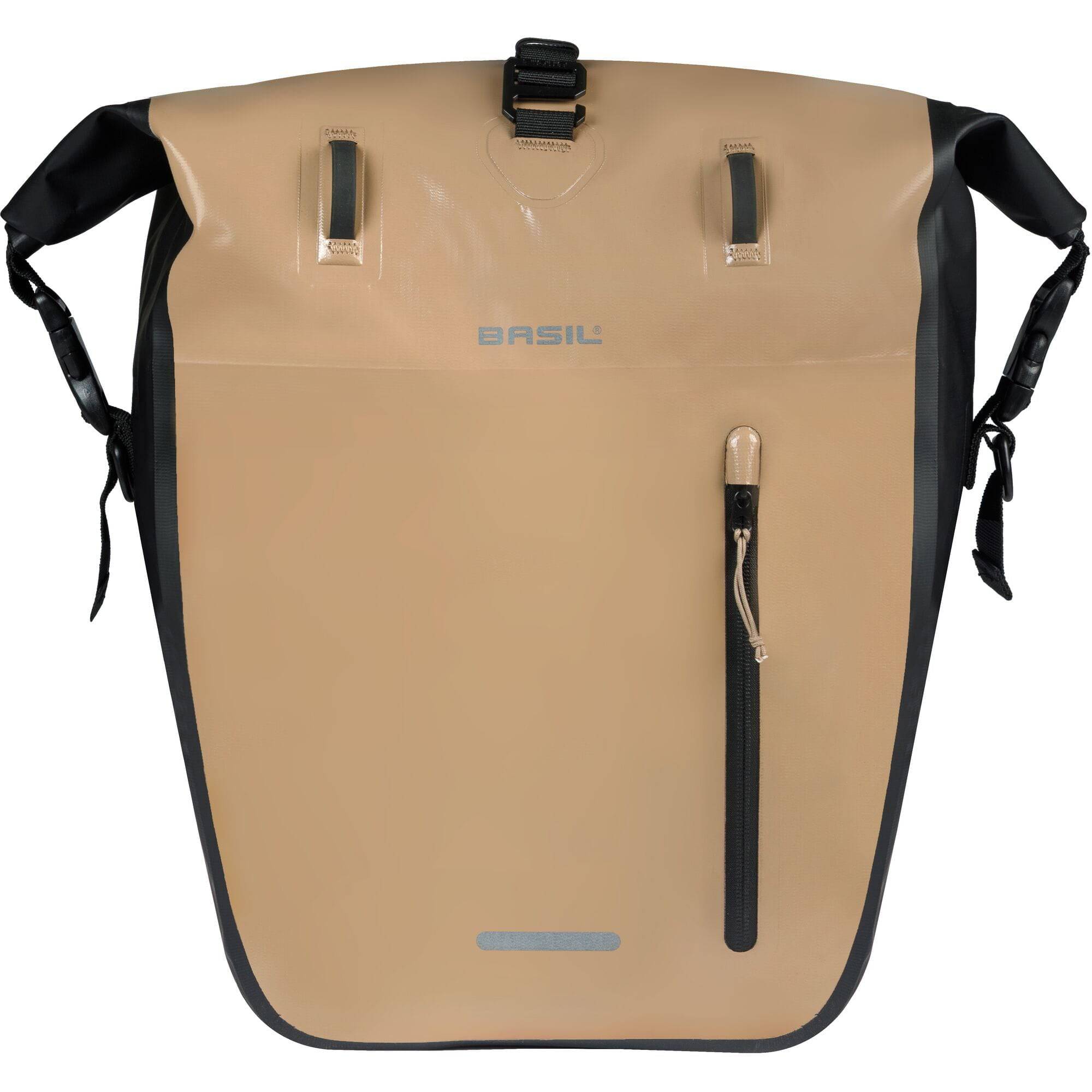 Basil Rivo L tarpaulin rear bike bag with MIK hooks and removable strap, designed for bicycle accessories and storage.