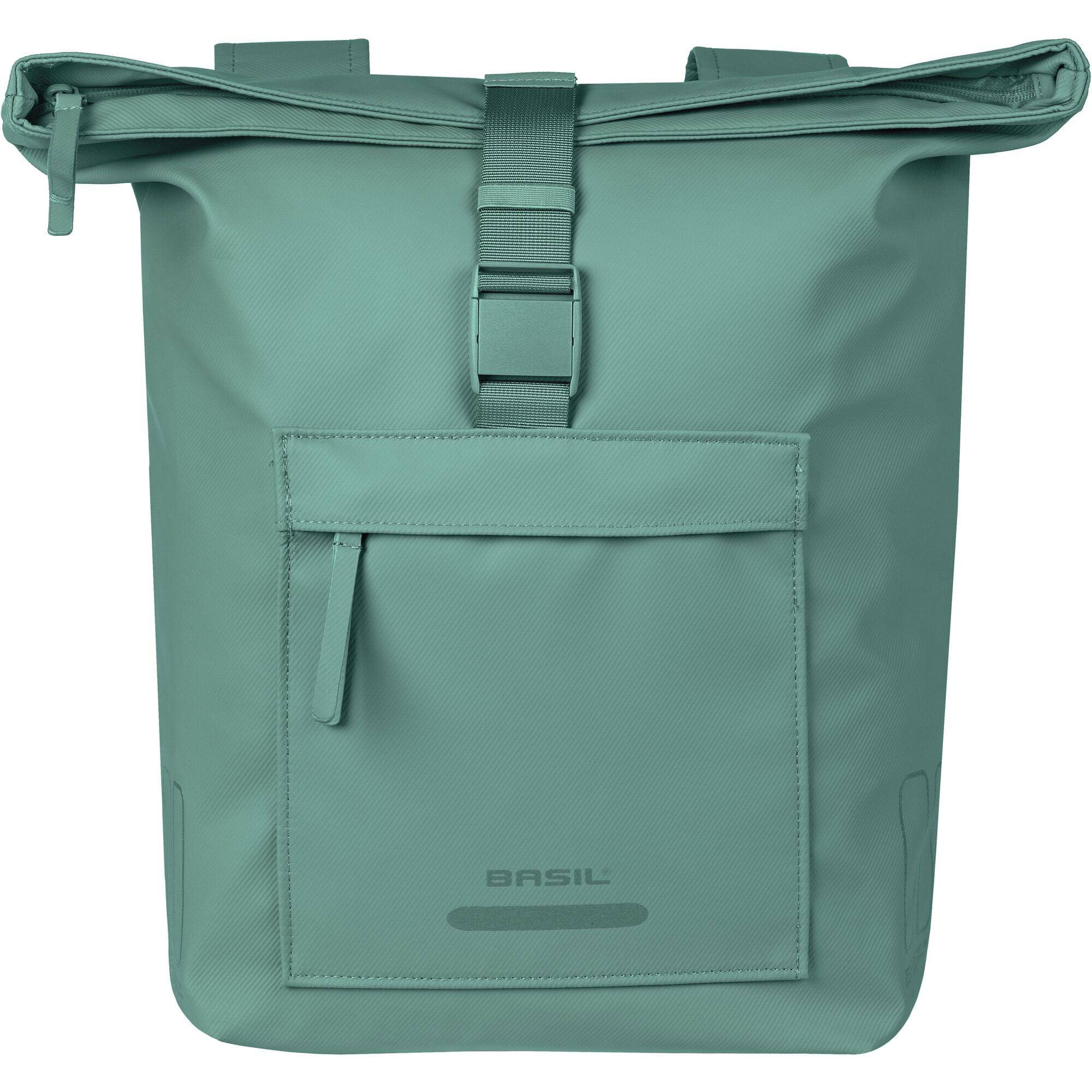 Basil Brooklyn double pannier bag in silver-green, waterproof urban commuter accessory with 41L capacity, designed for bike transport.