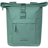 Basil Brooklyn double pannier bag in silver-green, waterproof urban commuter accessory with 41L capacity, designed for bike transport.
