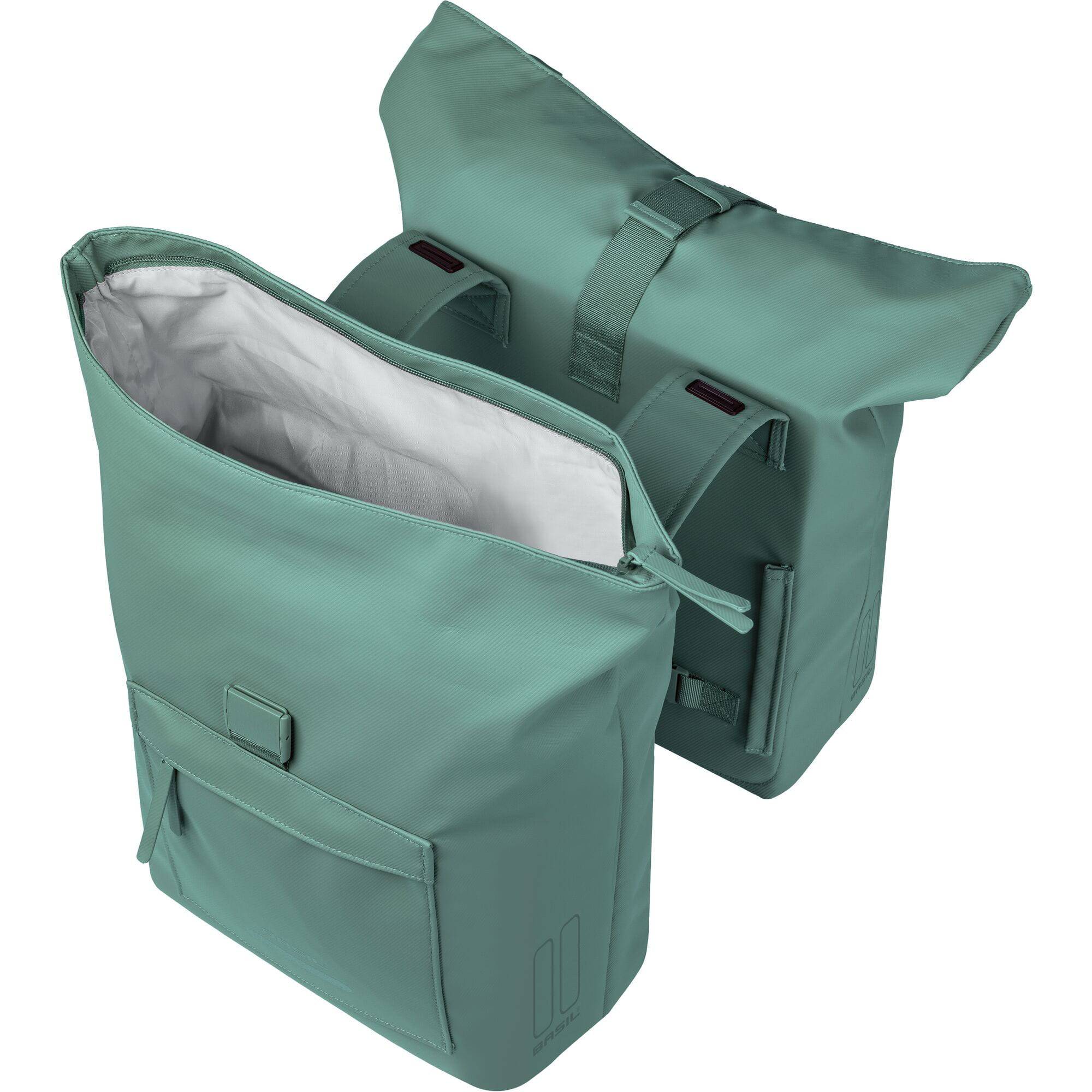 Basil Brooklyn Double Pannier Bag 41L waterproof urban commuter bag in silver-green, showing its durable fabric and sturdy design.