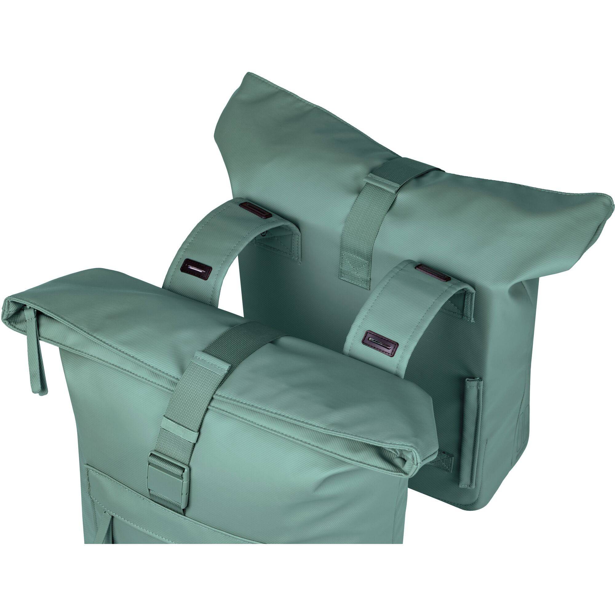 Basil Brooklyn double pannier bag in silver-green, 41L waterproof urban commuter bag with multiple compartments and reflective details.