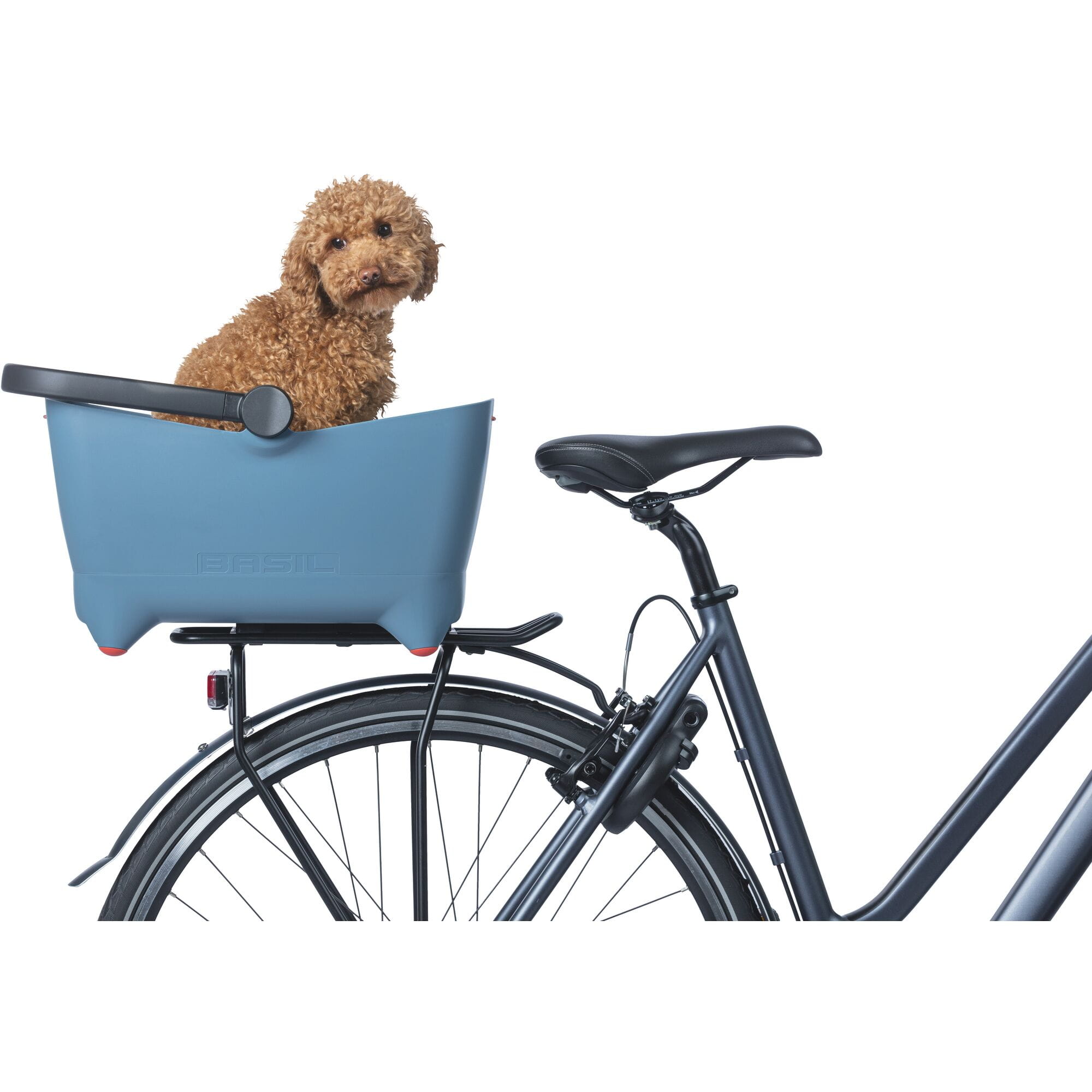 Basil Buddy MIK dog bicycle basket in faded denim, rear mount accessory for small dogs, adjustable straps and durable fabric.
