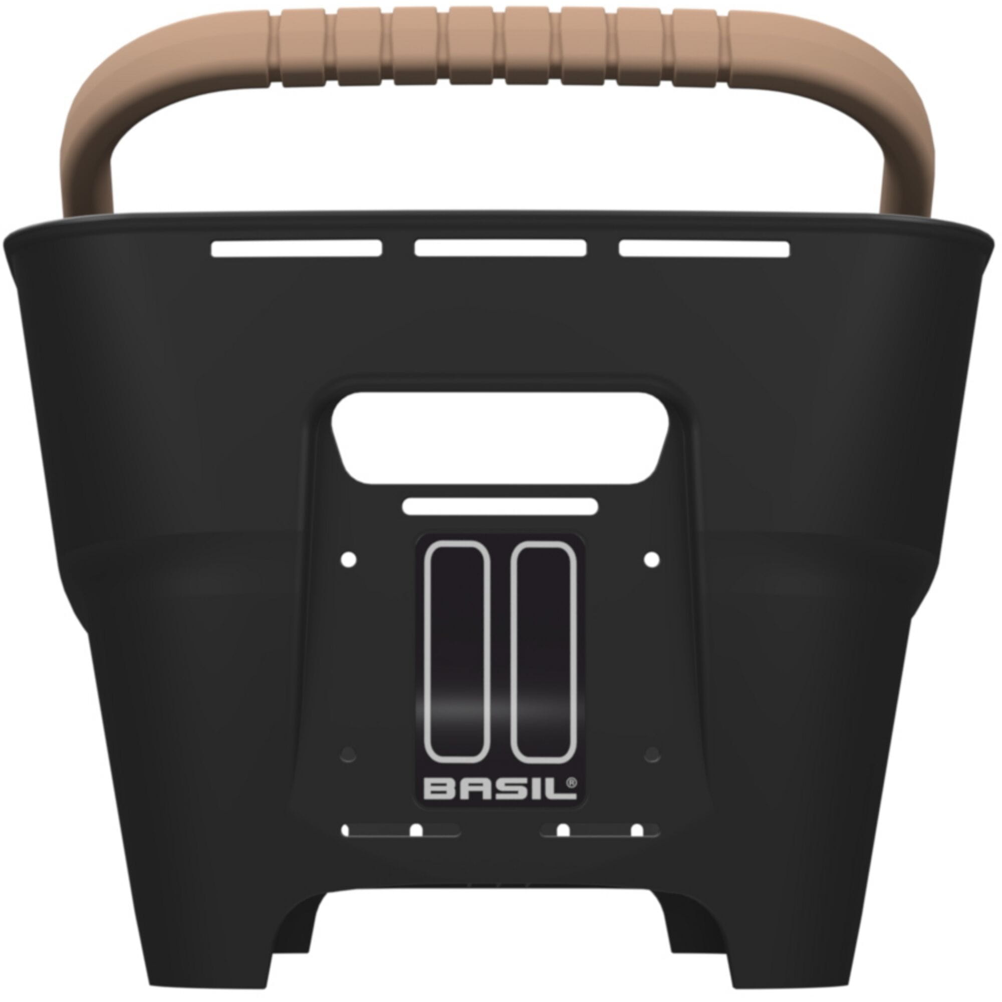 Basil Neo rear bicycle basket with multi-system mount for city bikes and e-bikes, shown attached to a bicycle.
