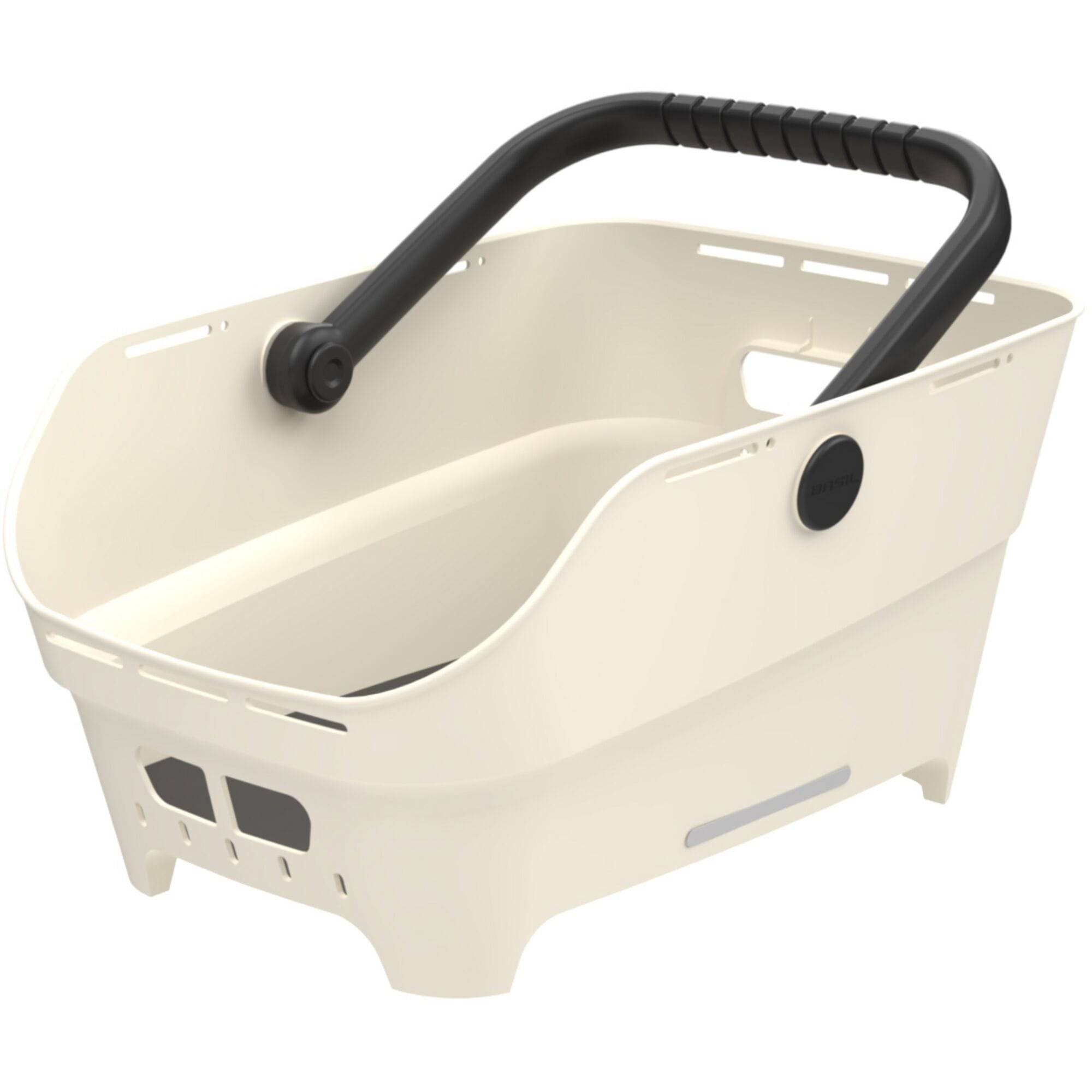 Basil Neo rear bicycle basket with multi-system mount for city bikes and e-bikes, shown attached to a bicycle in the image.