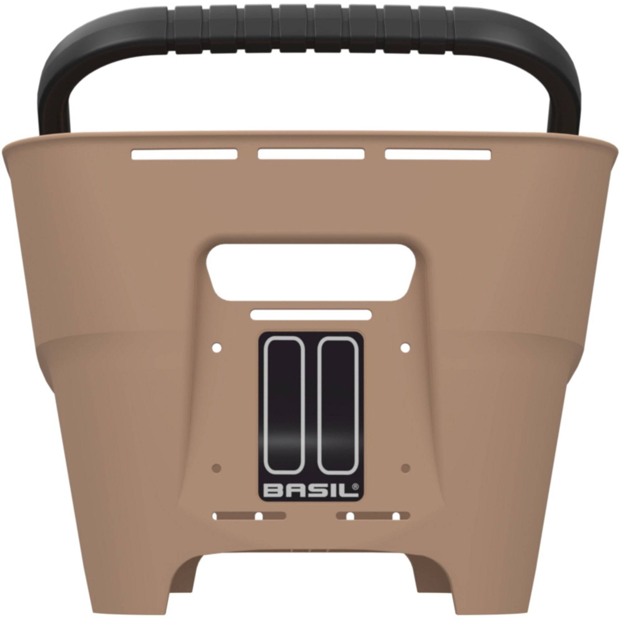 Basil Neo rear bicycle basket with multi-system mount for city bikes and e-bikes, shown attached to a bicycle rear rack.