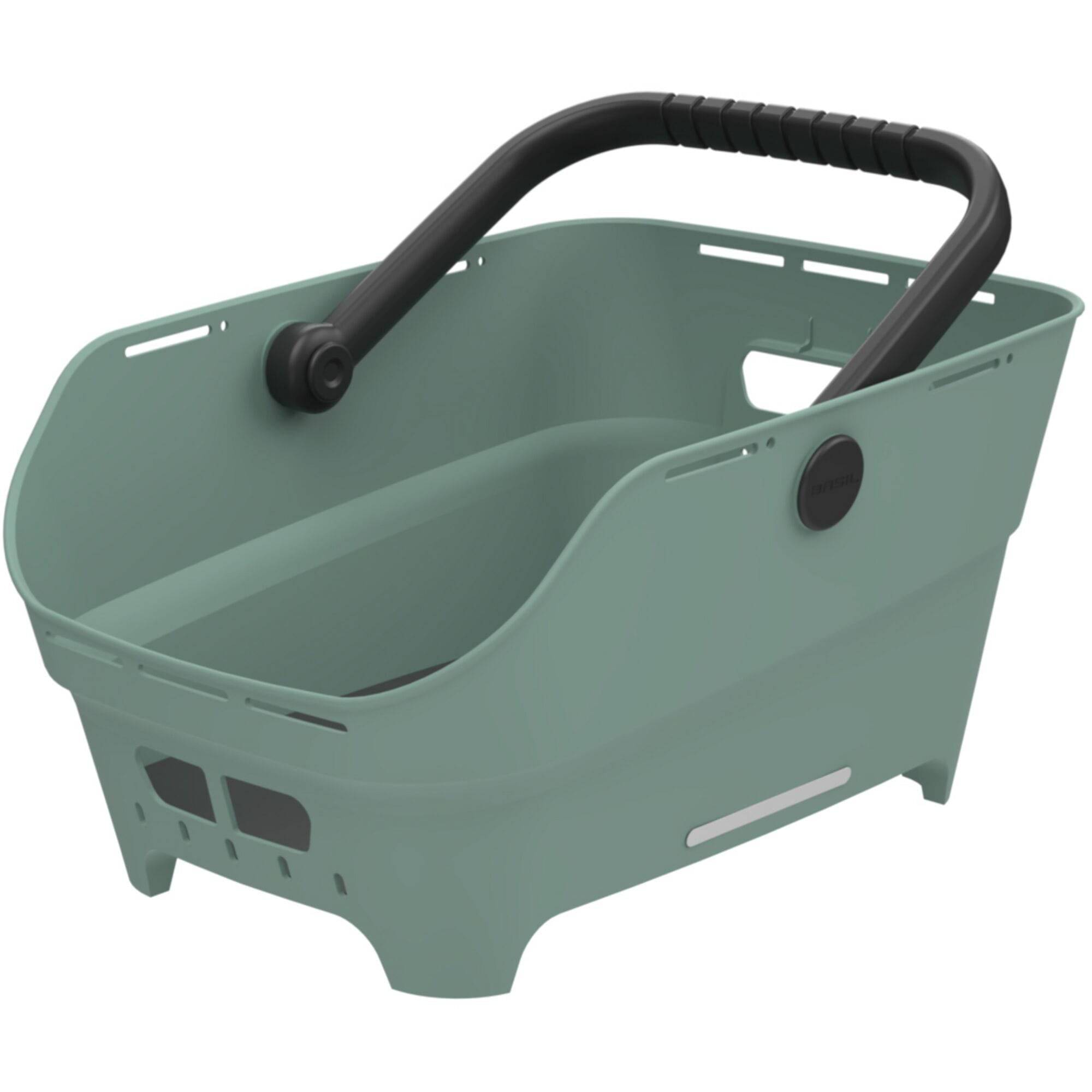 Basil Neo rear bicycle basket with multi-system mount for city bikes and e-bikes, shown mounted on a bike.