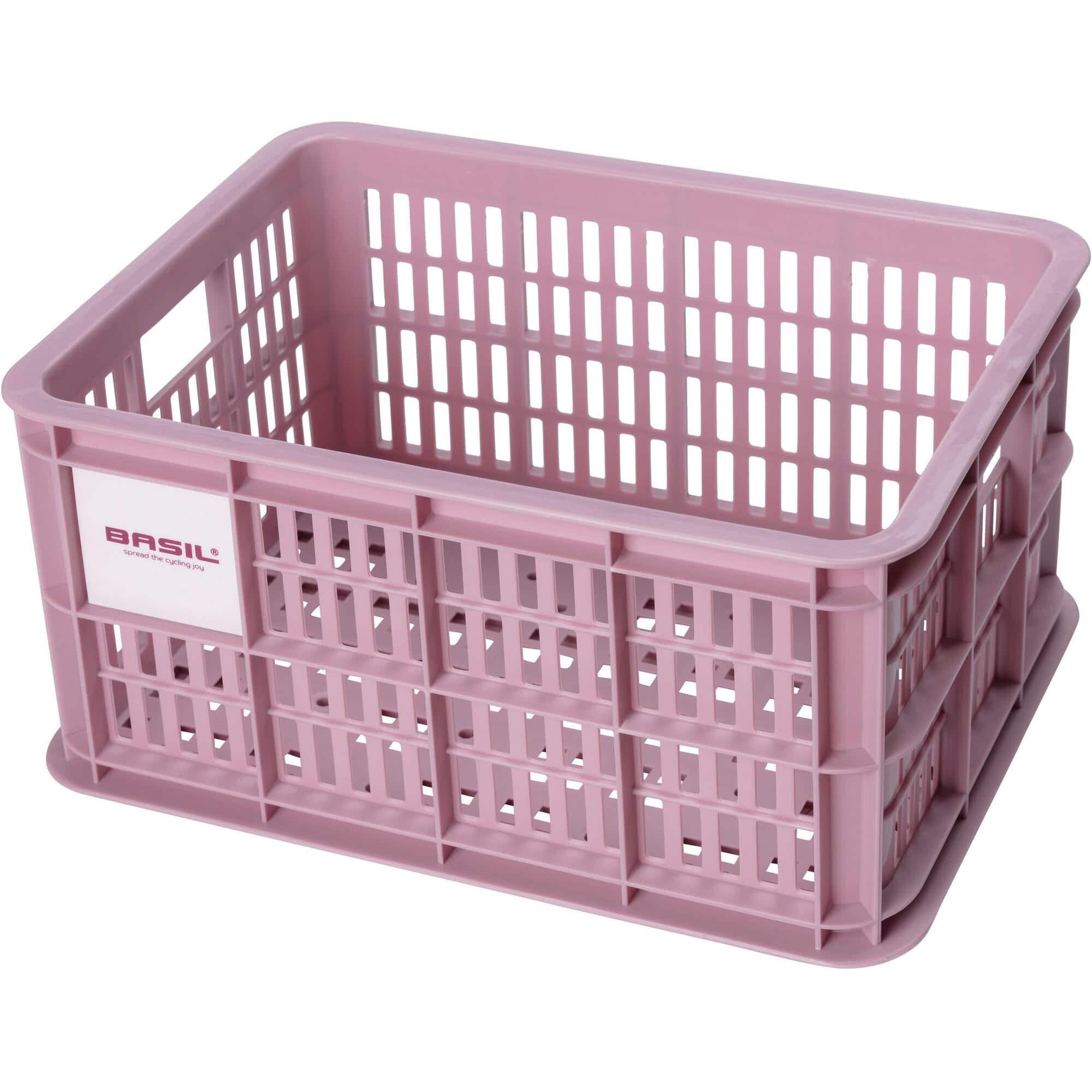 Pink Basil Small Bicycle Crate 17.5L eco-friendly bike basket with versatile mounting options for bike accessories.
